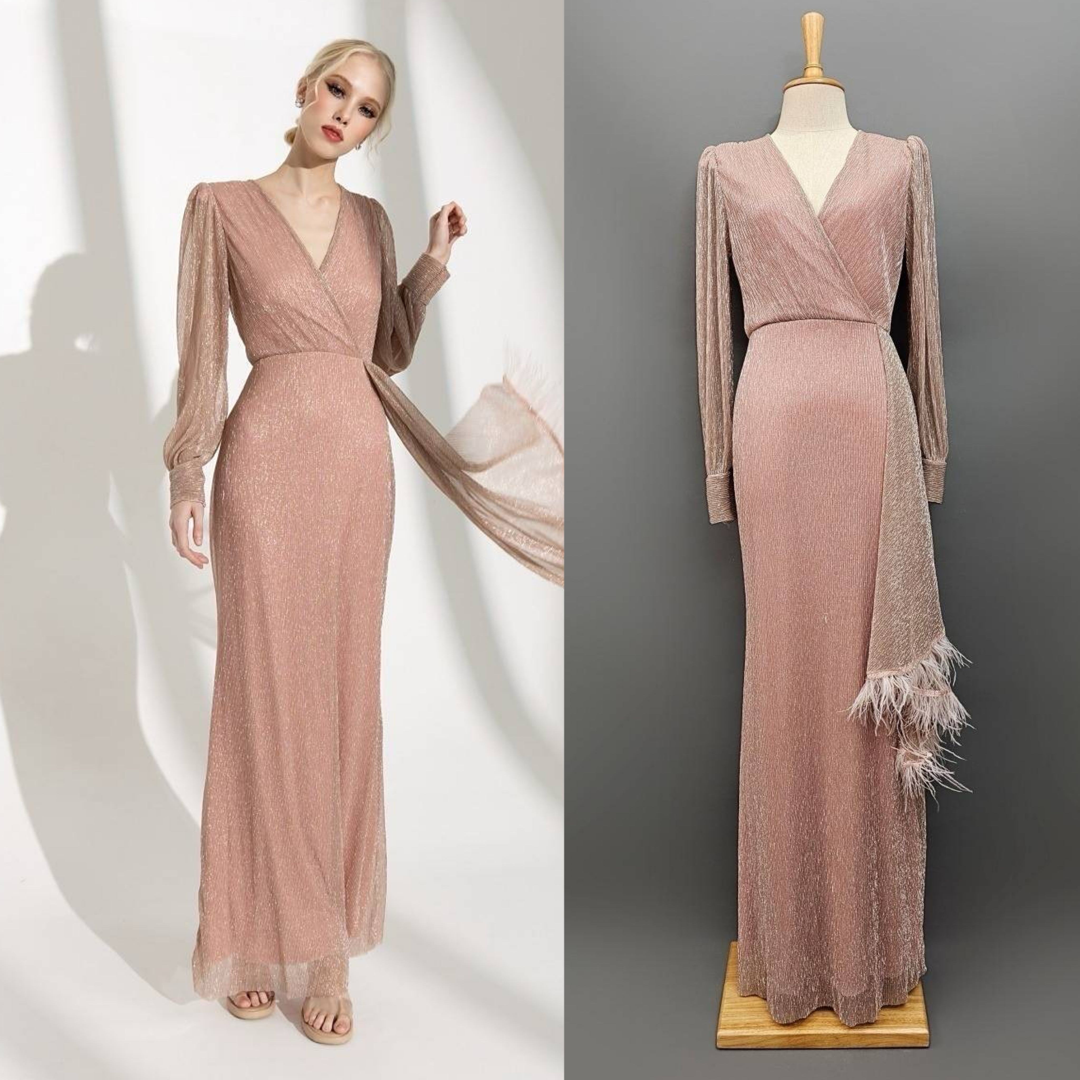 เดรสเสื้อคอวีป้ายแขนยาว กระโปรงยาวจับ เดรปข้างลำตัว ดีเทลแต่งชายระบายขนนก : สินค้าคุณภาพ (พร้อมส่ง)