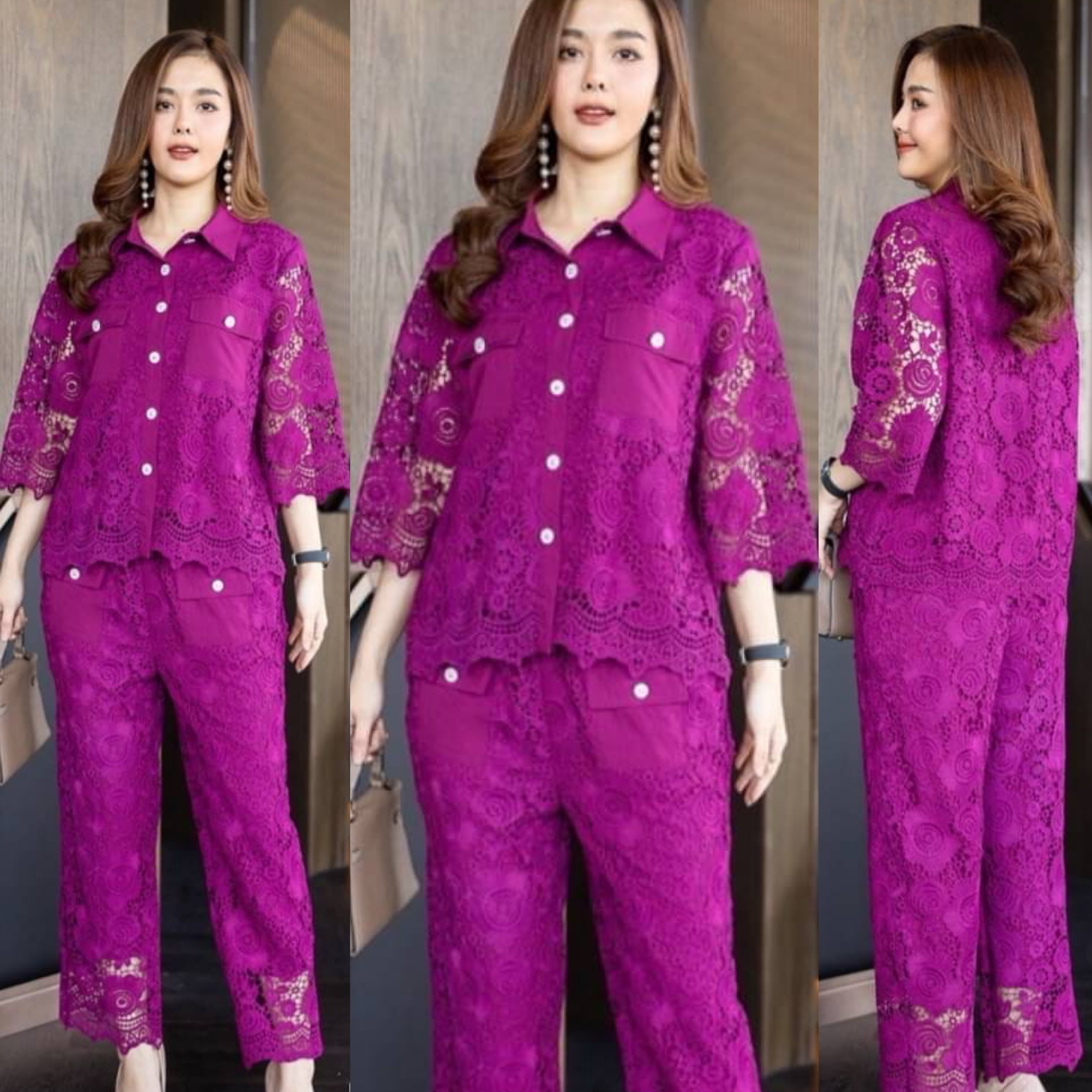 ชุดเซ็ทลูกไม้ลายเชิง ทั้งชุด แต่งกระเป๋าทั้งเสื้อและ กางเกง ประดับด้วยกระดุมมุก มีซับในทั้งชุด ใส่สบาย สินค้าคุณภาพ (พร้อมส่ง)