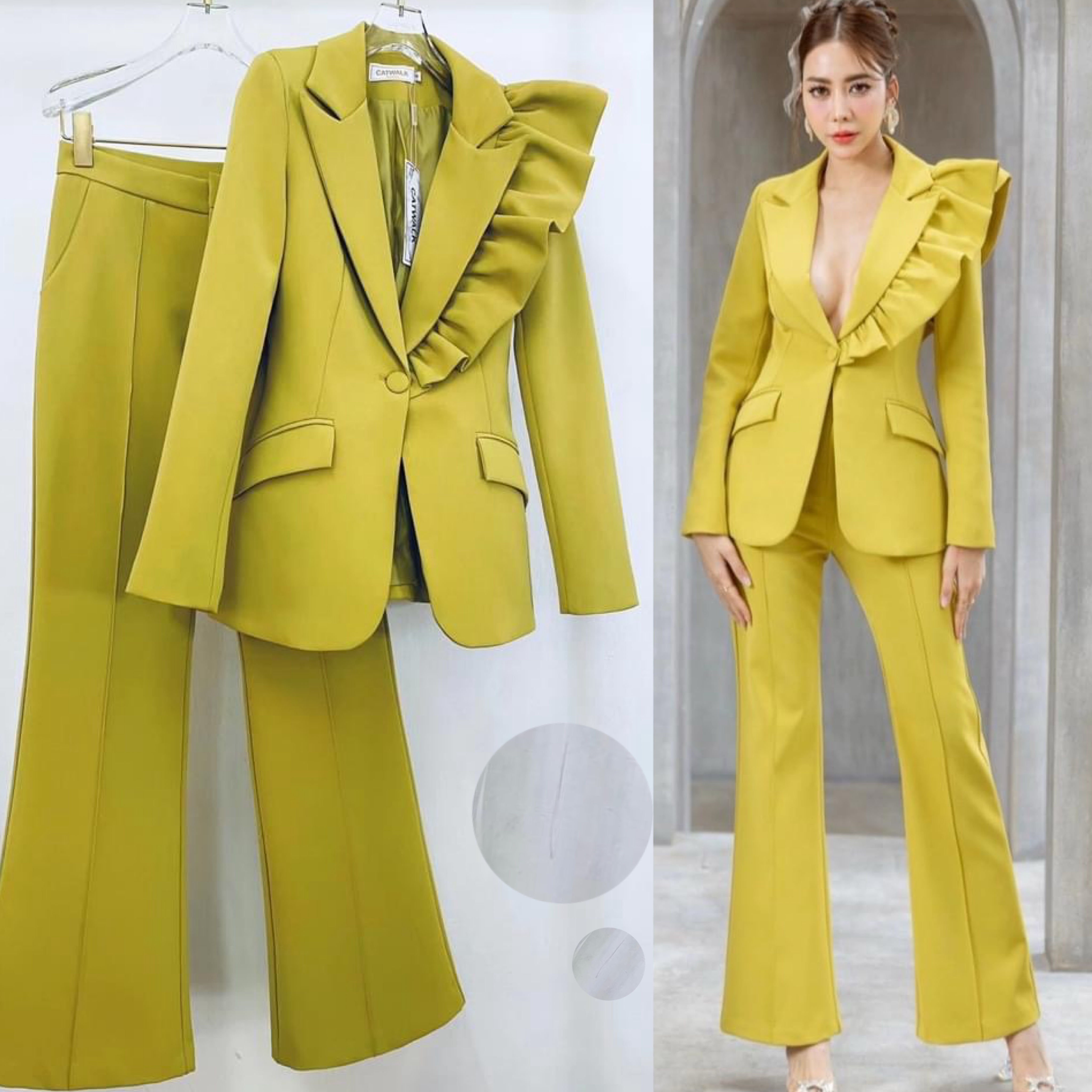 Setสูทแต่งระบายไหล่ข้างเดียว+กางเกงขายาว ทรงสวย ใส่สบาย สินค้าคุณภาพ (พร้อมส่ง)