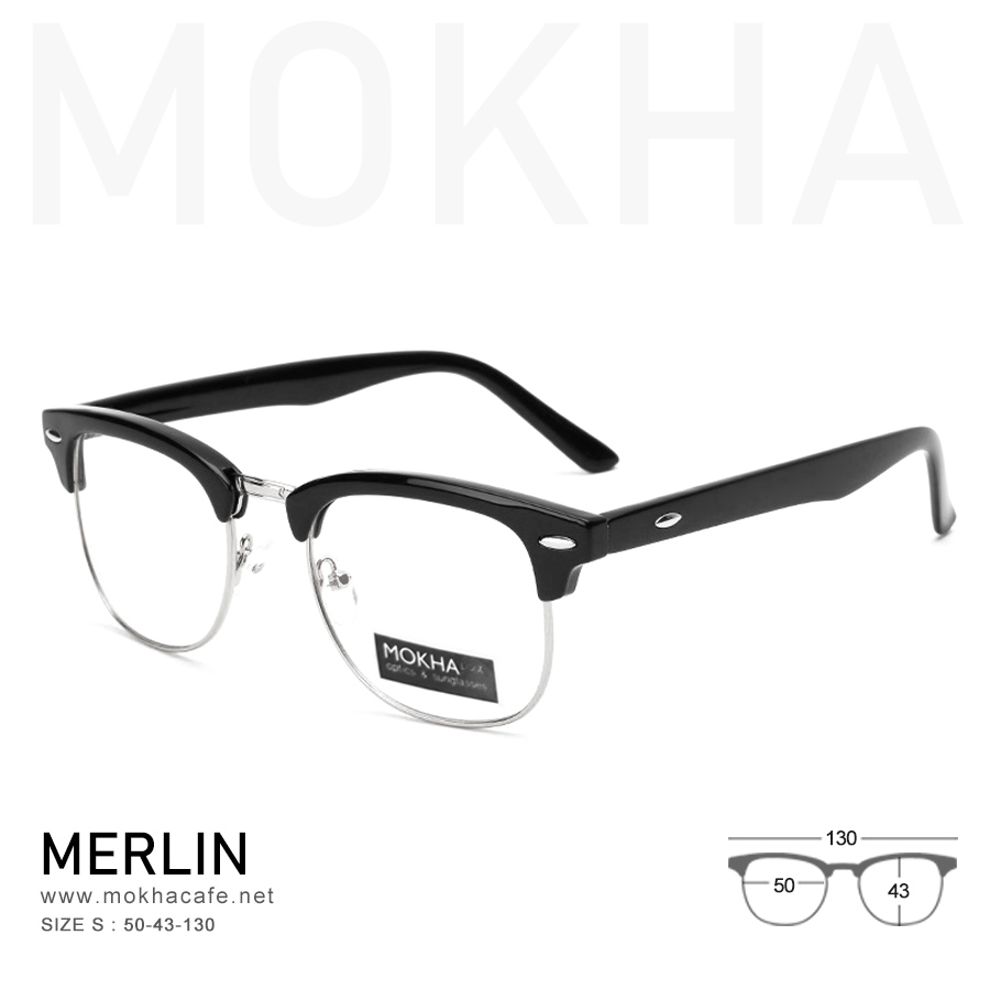 (ตำหนิ) MERLIN - silver black กรอบแว่น วินเทจ แว่นตา ClubMaster น้ำหนักเบา กว้าง 130 มม. (sizeS) H43