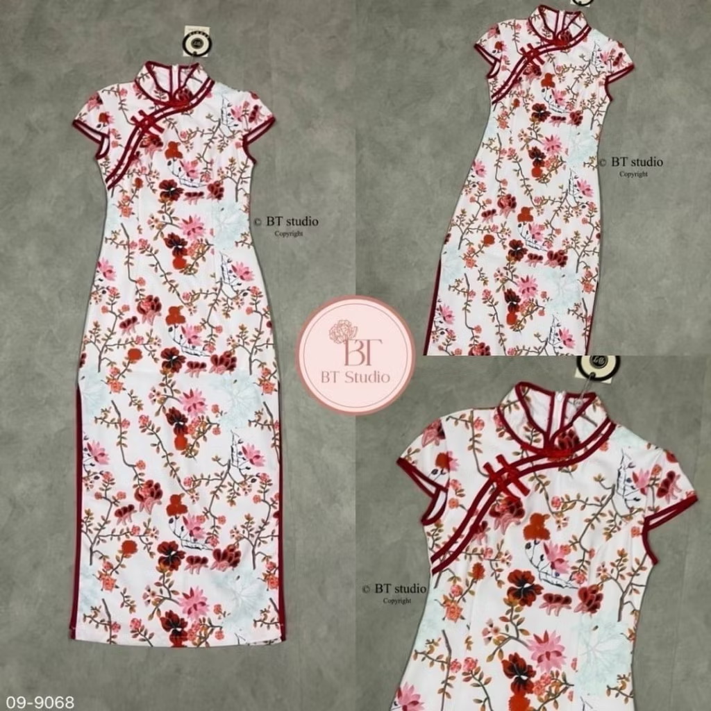 เดรสกี่เพ้า แต่งคอจีน พื้นสีพิมพ์ลายสวยม๊าก ห้ามพลาดเลยคร้าา limited ม๊ากคร้า ใส่สบาย : สินค้าคุณภาพ (พร้อมส่ง)