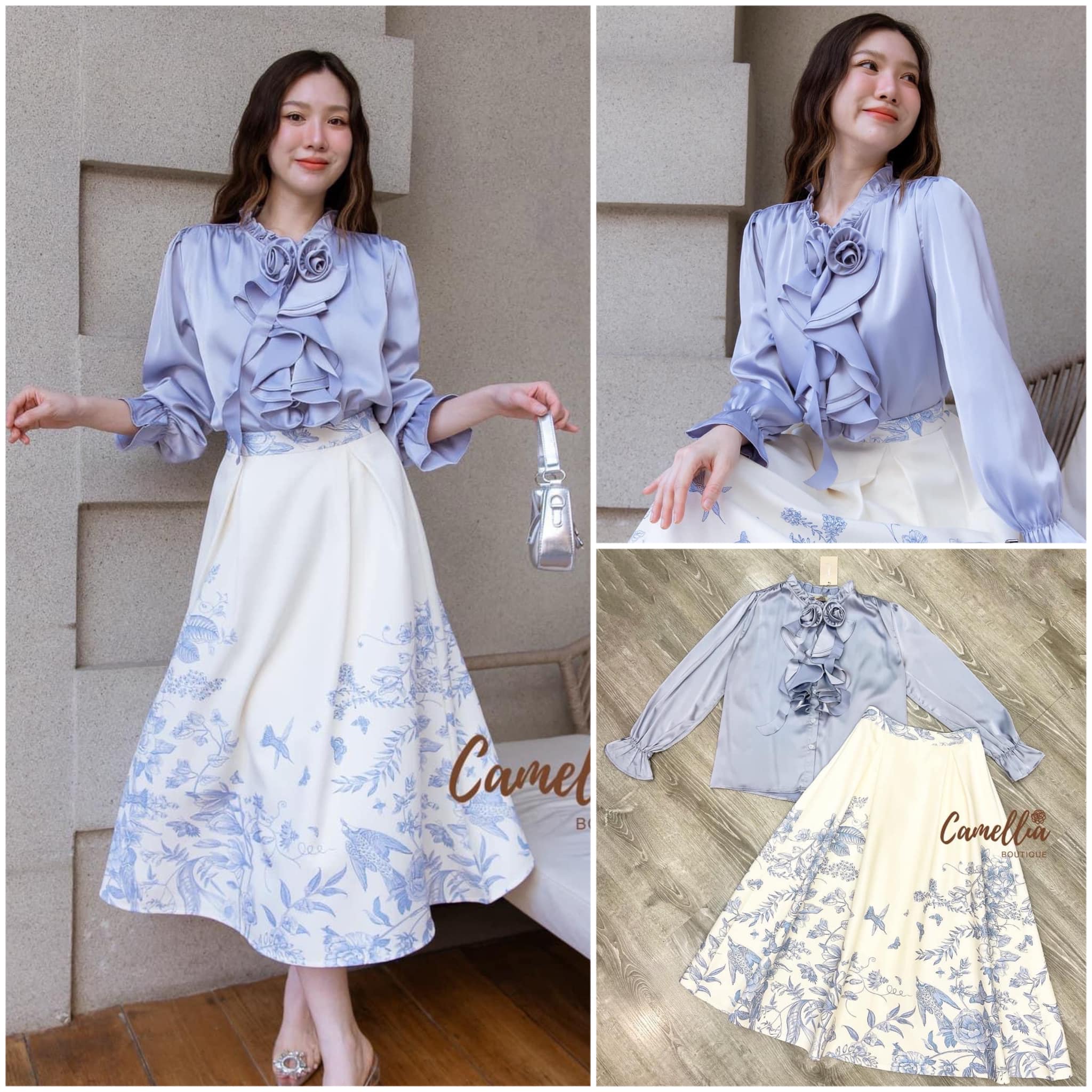 ชุดSet เสื้อเชิ๊ตคอระบายๆ แต่งดอกไม้ สวยหรูดูแพงใส่แยกชิ้นก็ได้คุ้มมากคะ มาพร้อมกระโปรงเอวสูงผ้าพิมลายตามแบบฉบับ ใส่สบาย : สินค้าคุณภาพ (พร้อมส่ง)