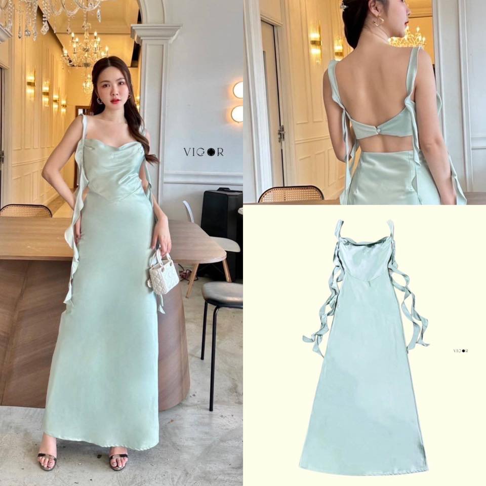 เดรสสายเดี่ยวผ้าซาตินสีเขียวพาสเทล ดีไซน์คอทรงหยักนุ่มนวล เสริมลูกเล่นด้วยริบบิ้นผูกข้างลำตัวสองฝั่ง เพิ่มความหวานและน่ารัก พร้อมกระโปรงทรงเอ เรียบหรู ใส่สบาย : สินค้าคุณภาพ (พร้อมส่ง)