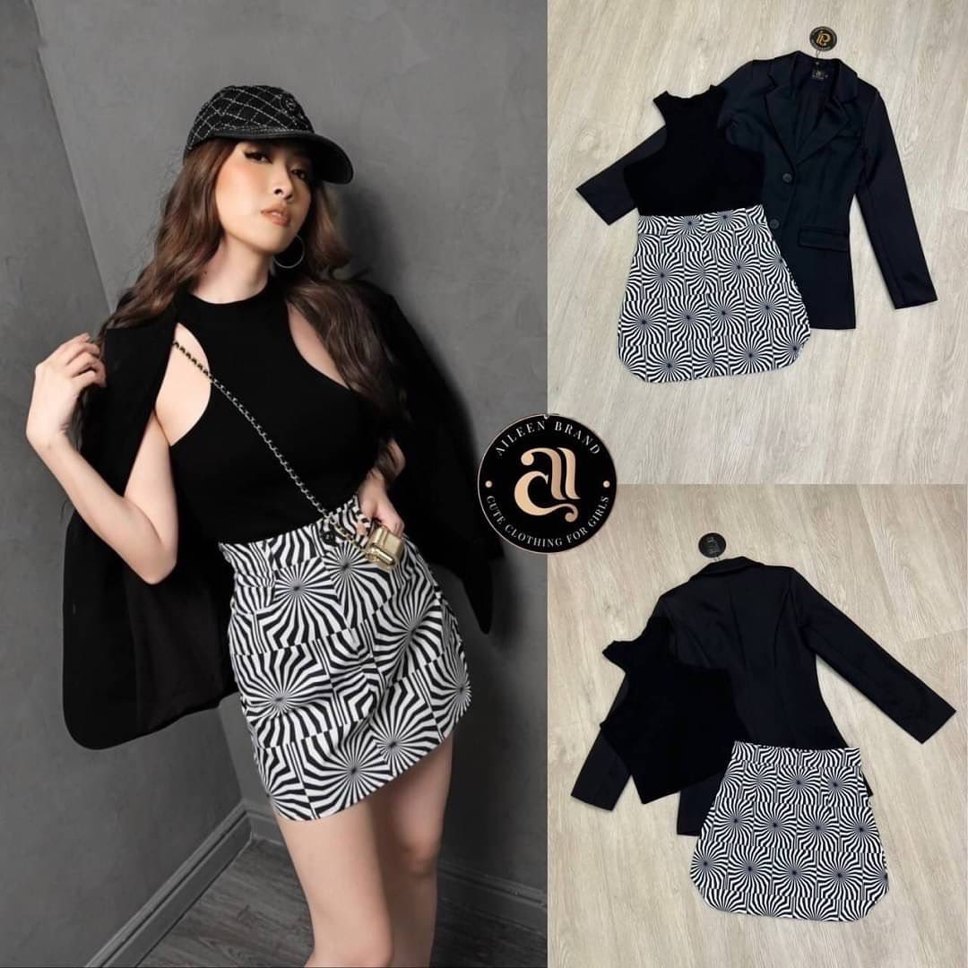 รุ่นนี้มีไซส์ใหญ่ Set 3 ชิ้น เสื้อครอปแขนกุด คอกลมสีดำ มาพร้อมกับกระโปรงเอวสูง และเสื้อสูทแขนยาวสีดำคอปก : สินค้าคุณภาพ (พร้อมส่ง)