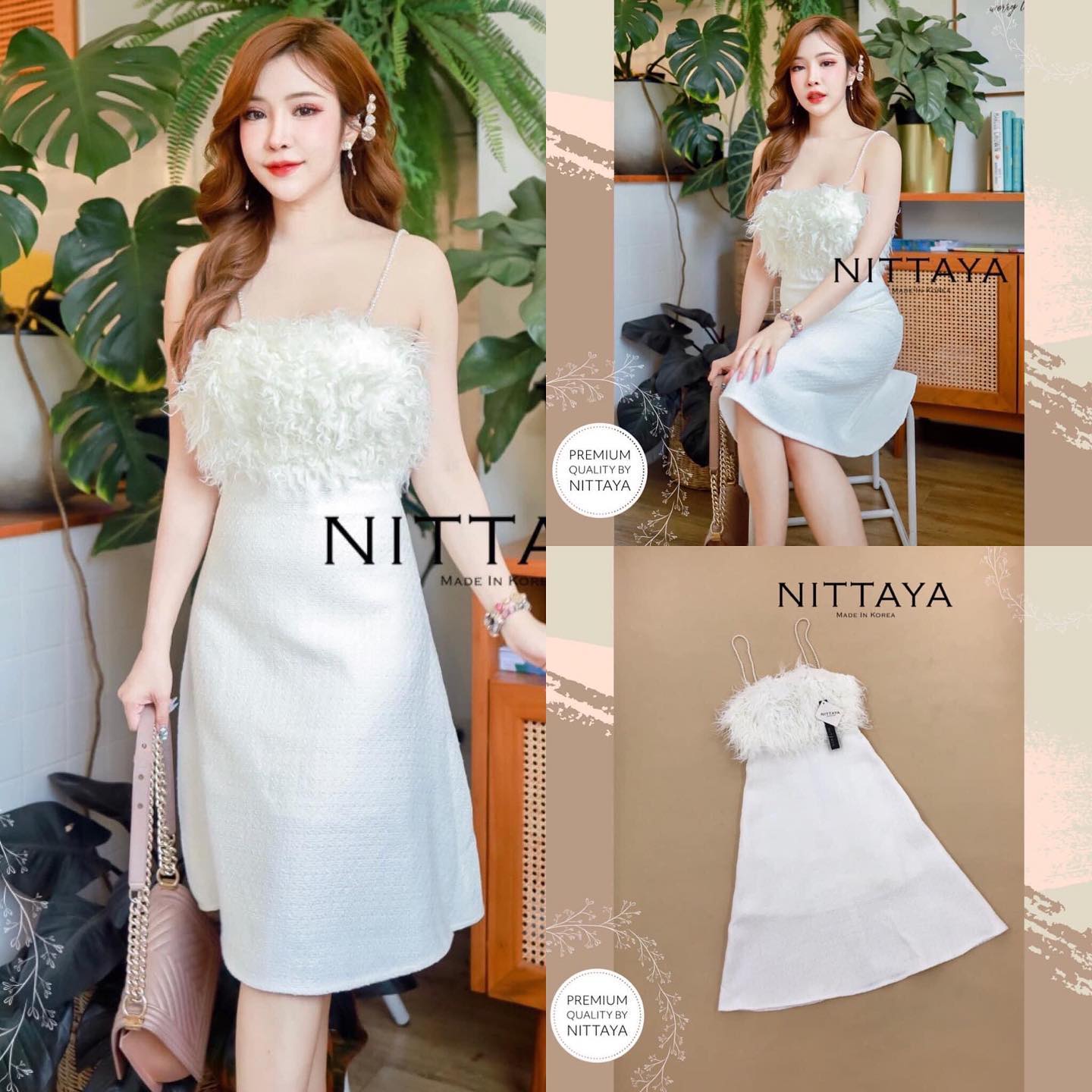 เดรสกึ่งเกาะอกมีสายมุกถอดได้ ตรงอกแต่งขนนกฟรุ้งฟริ้ง สินค้าคุณภาพ พร้อมส่ง