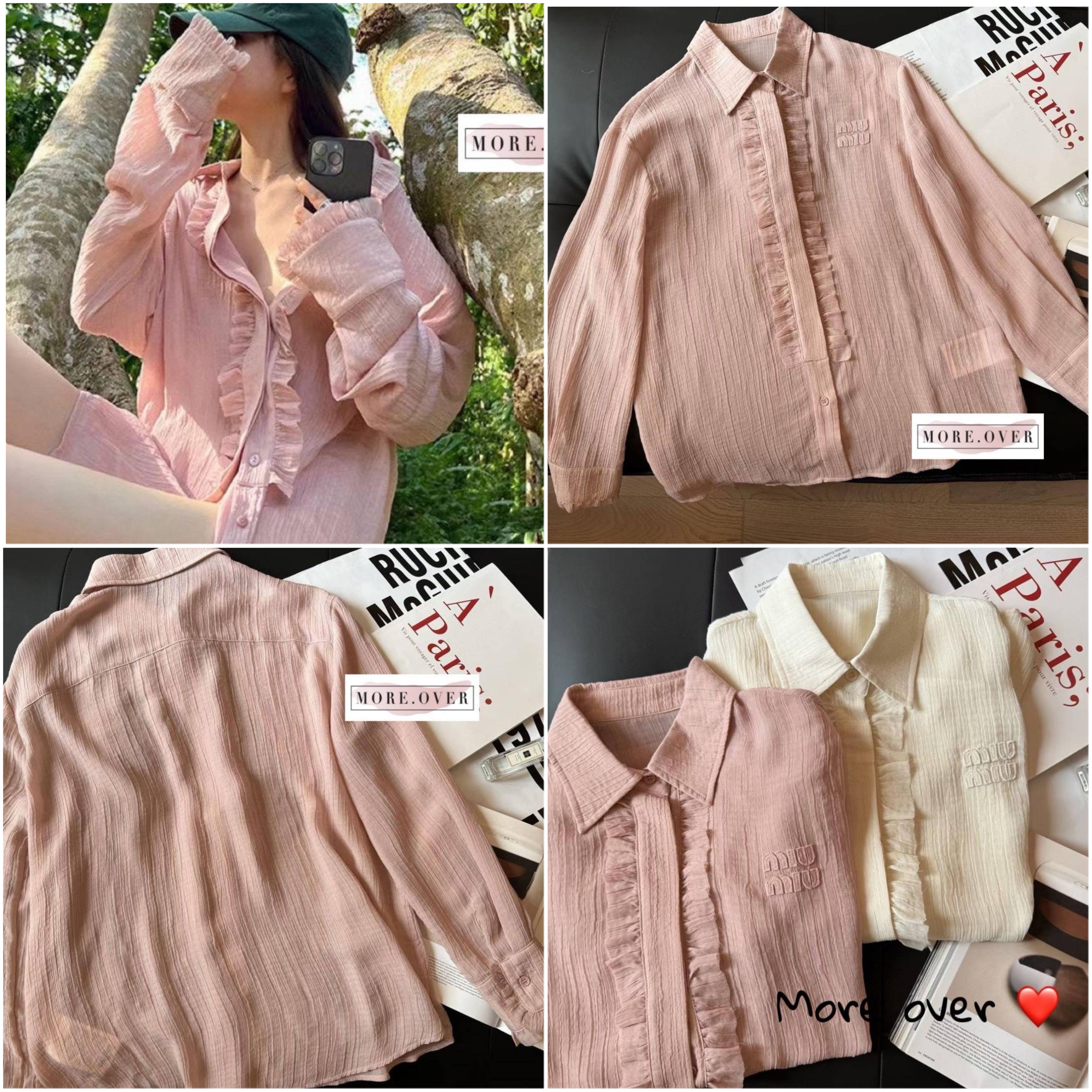 เสื้อเชิตแขนยาวแต่งระบายช่วงอกปักชื่อแบรนด์ MIU MIU : สินค้าคุณภาพ (พร้อมส่ง)