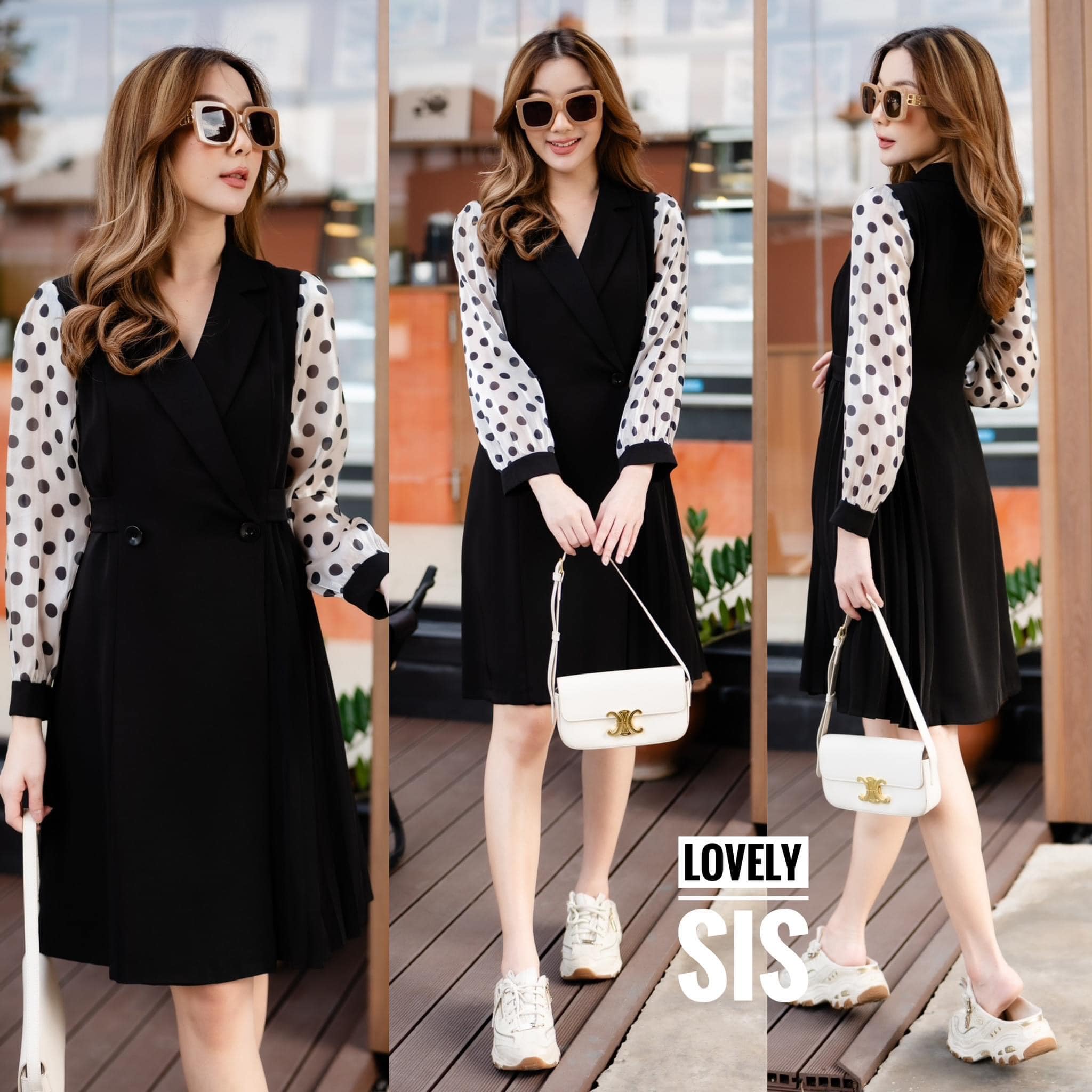 เดรสคอปกสูทป้ายไขว้ติดกระดุมช่วงเอว ด้านล่างกระโปรงเป็นงานอัดพลีท ช่วงแขน ใช้ผ้าแก้วลายจุดเนื้อนิ่มพรีเมี่ยม ชุดมีซับใน ใส่สบาย สินค้าคุณภาพ (พร้อมส่ง)