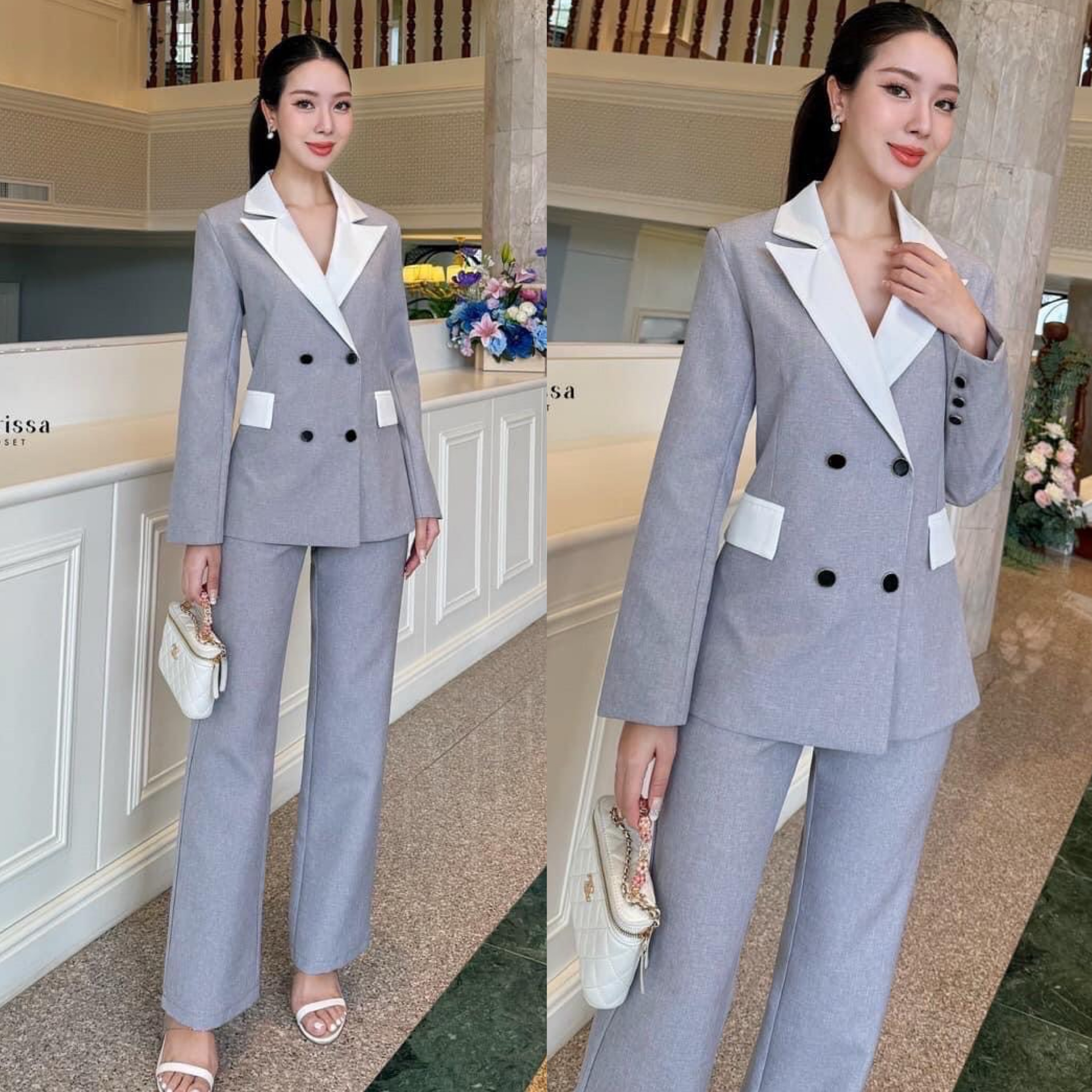 เซตทูโทน ตัวเสื้อแต่งกระดุมด้านหน้า 4 เม็ด มีซับในทั้งชุด เข้ารูปสวย ปลายแขนเสื้อแต่งกระดุมให้ดูสวย มาพร้อมกับกางเกงทรงกระบอก ใส่สบาย : สินค้าคุณภาพ (พร้อมส่ง)