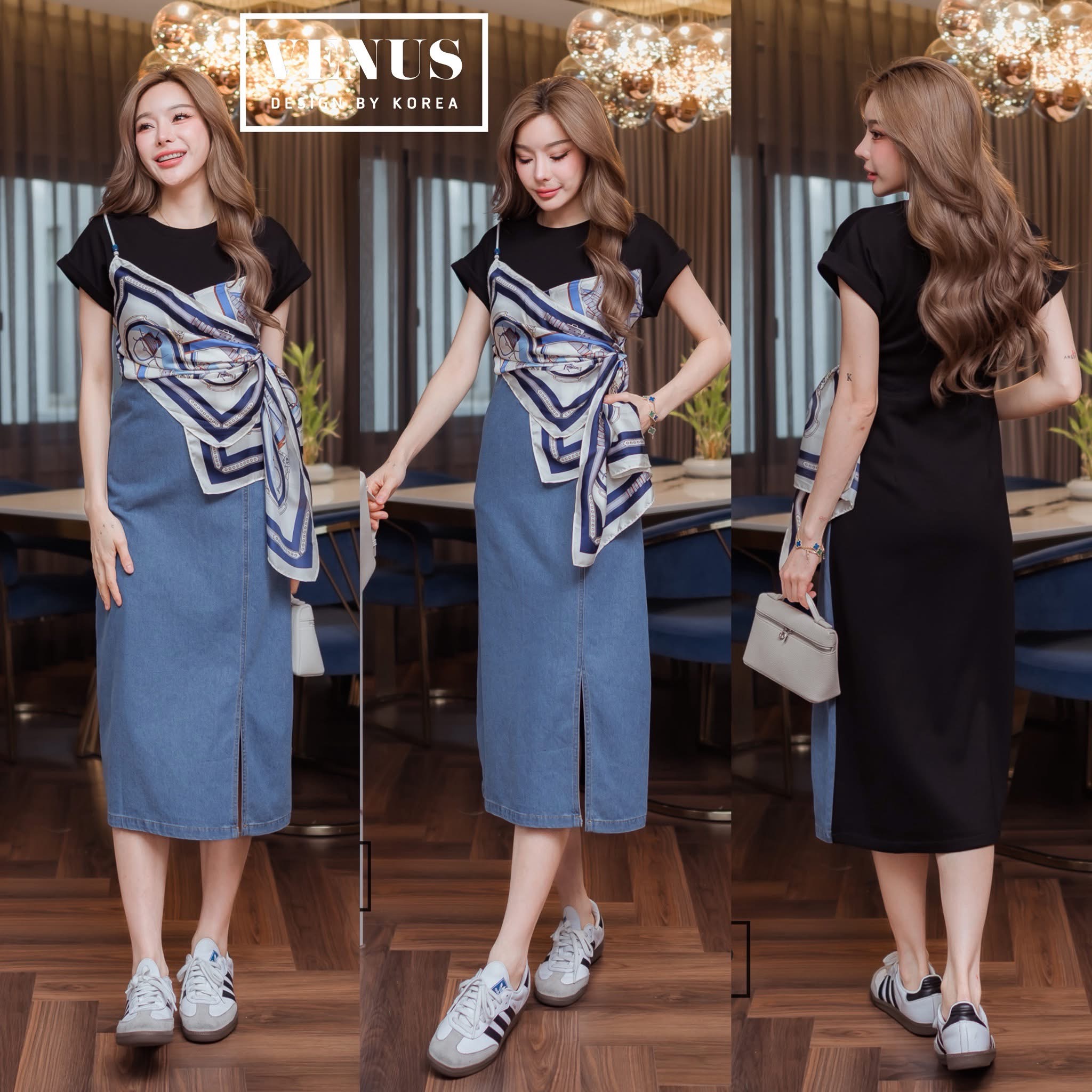 เดรสแต่งผ้ายีน ด้านหน้าแต่งผ้าซาตินเนื้อดี พิมพ์ลายกราฟฟิค ใส่สบาย : สินค้าคุณภาพ (พร้อมส่ง)