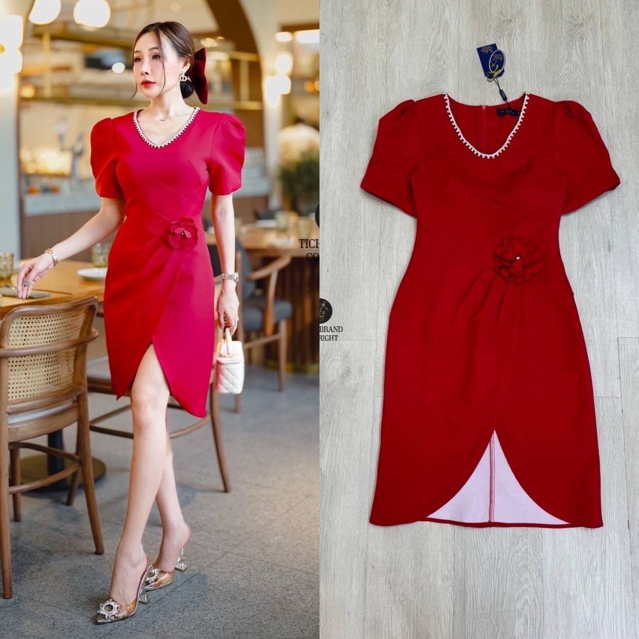 เดรสแขนสั้นสีแดง ดีไซน์เย็บยกไหล่ดีไซน์สวย ช่วงคอเย็บติดอะไหล่เพชรดูหรูมากๆดีเทลเข็มกลัดดอกไม้มุกกลัด สินค้าคุณภาพ (พร้อมส่ง)