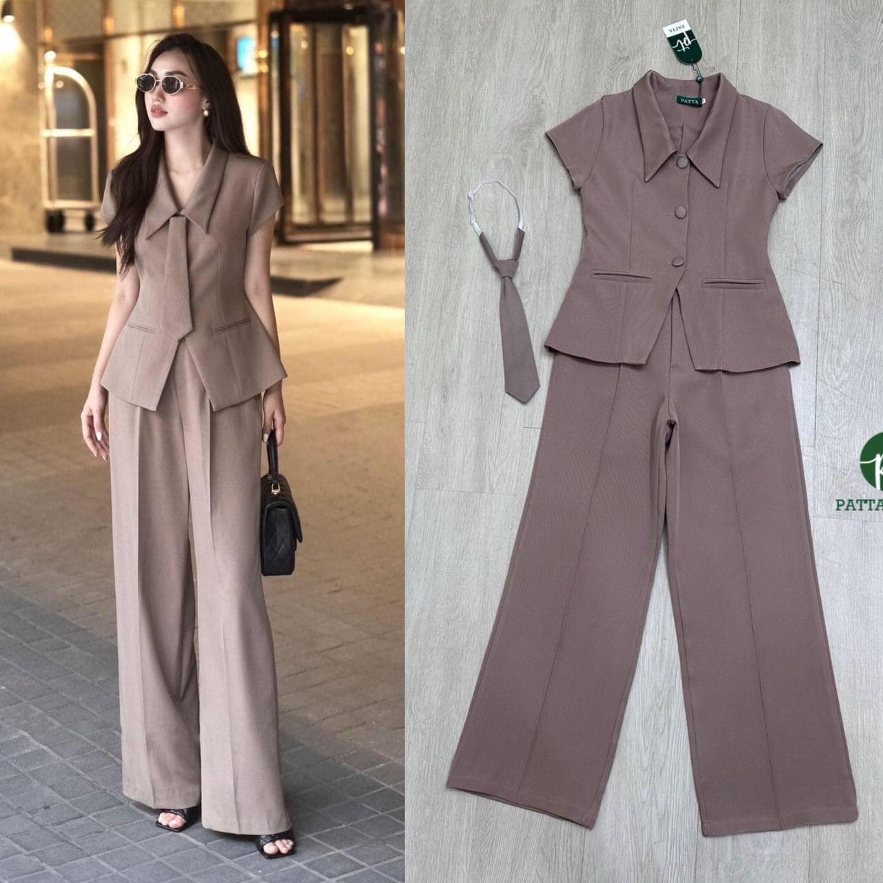 Set 2ชิ้น สีน้ำตาล เสื้อเบลเซอร์แขนสั้น มีกระดุมหน้าและกระเป๋า2ข้างล้วงได้ ให้กับชุดมีเนคไทให้ด้วย+กางเกง ขายาวทรงกระบอ ใส่สบาย : สินค้าคุณภาพ (พร้อมส่ง)