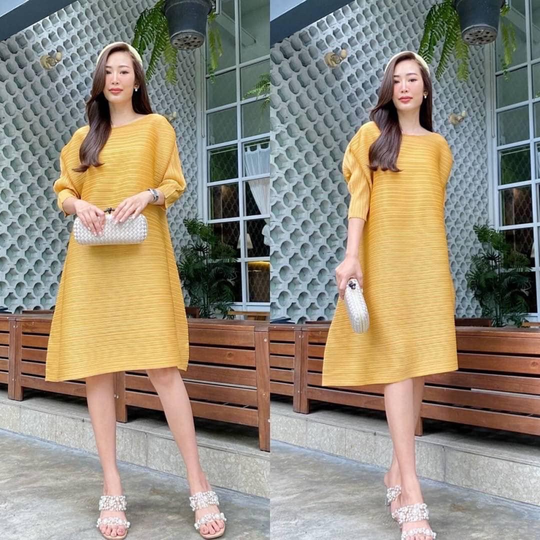 ชุดเดรส คอปาด แขนยาว 4 ส่วน แพตเทิร์นเฉลียงตัดขอบผ่าด้านข้าง ความยาวคลุมเข่า กำลังดี เรียบหรู 👍🏻 สินค้าคุณภาพ (พร้อมส่ง)