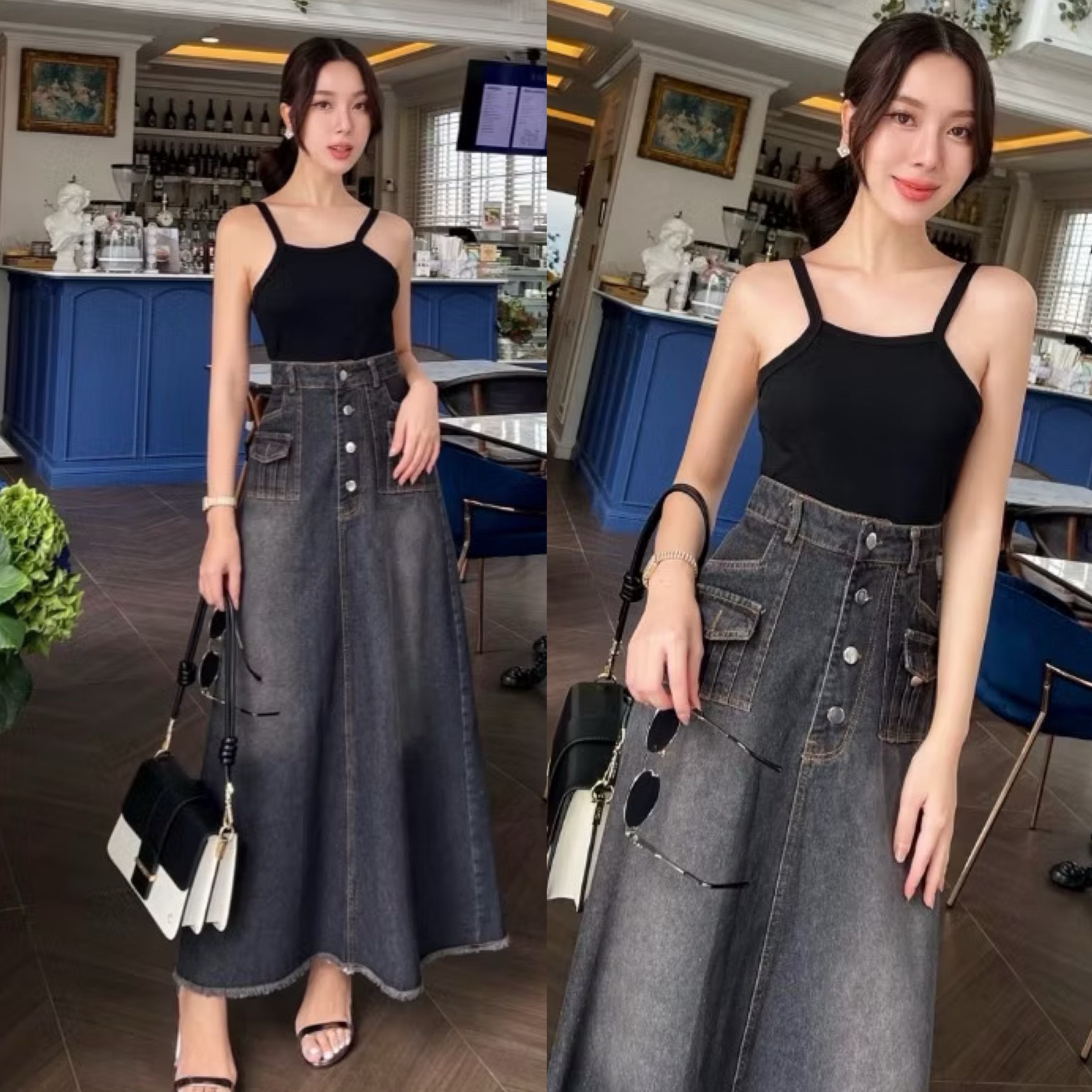 set 2 ชิ้น เสื้อแขนกุดสายเดี่ยวสีดำเนื้อผ้า ยืดนิ่มใส่สบาย ( ไม่เสริมฟองน้ำ ไม่มีซิปหลัง ) มา พร้อมกับกระโปรงยีนส์ยาวสีฟอก ใส่สบาย : สินค้าคุณภาพ (พร้อมส่ง)