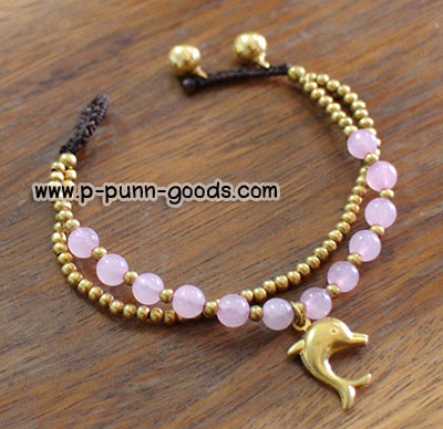 ข้อมือเชือกเทียนถัก หินโรสควอตซ์ จี้โลมาน้อย