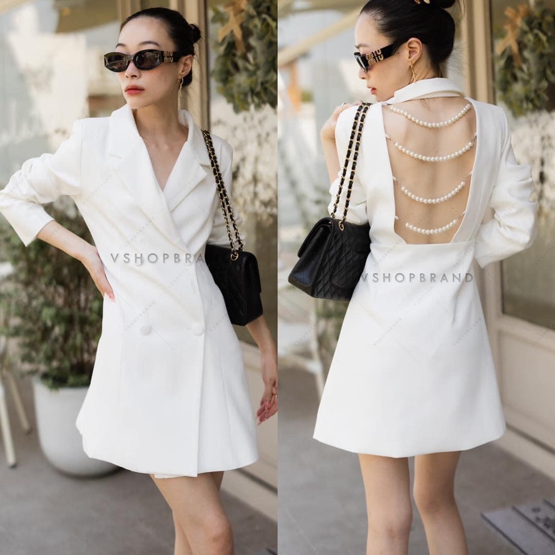 เดรสสูท เว้าหลังแต่งไข่มุข สินค้าคุณภาพ (พร้อมส่ง)