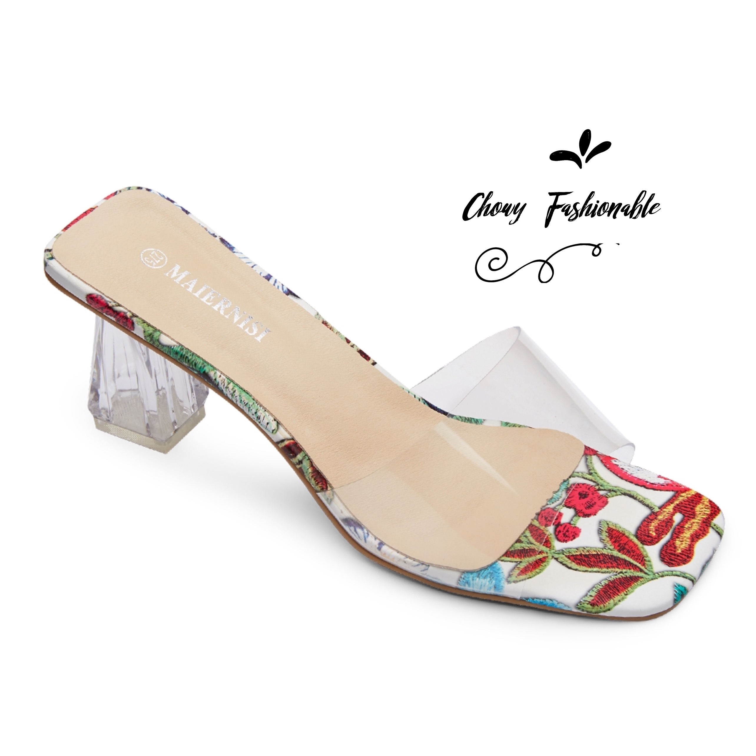 รองเท้าไซส์ใหญ่ 41-46 รองเท้าแตะมีส้น สูง 3 นิ้ว ส้นแก้วใส ด้านบน PU นิ่มใส CHOWY KR0960BU