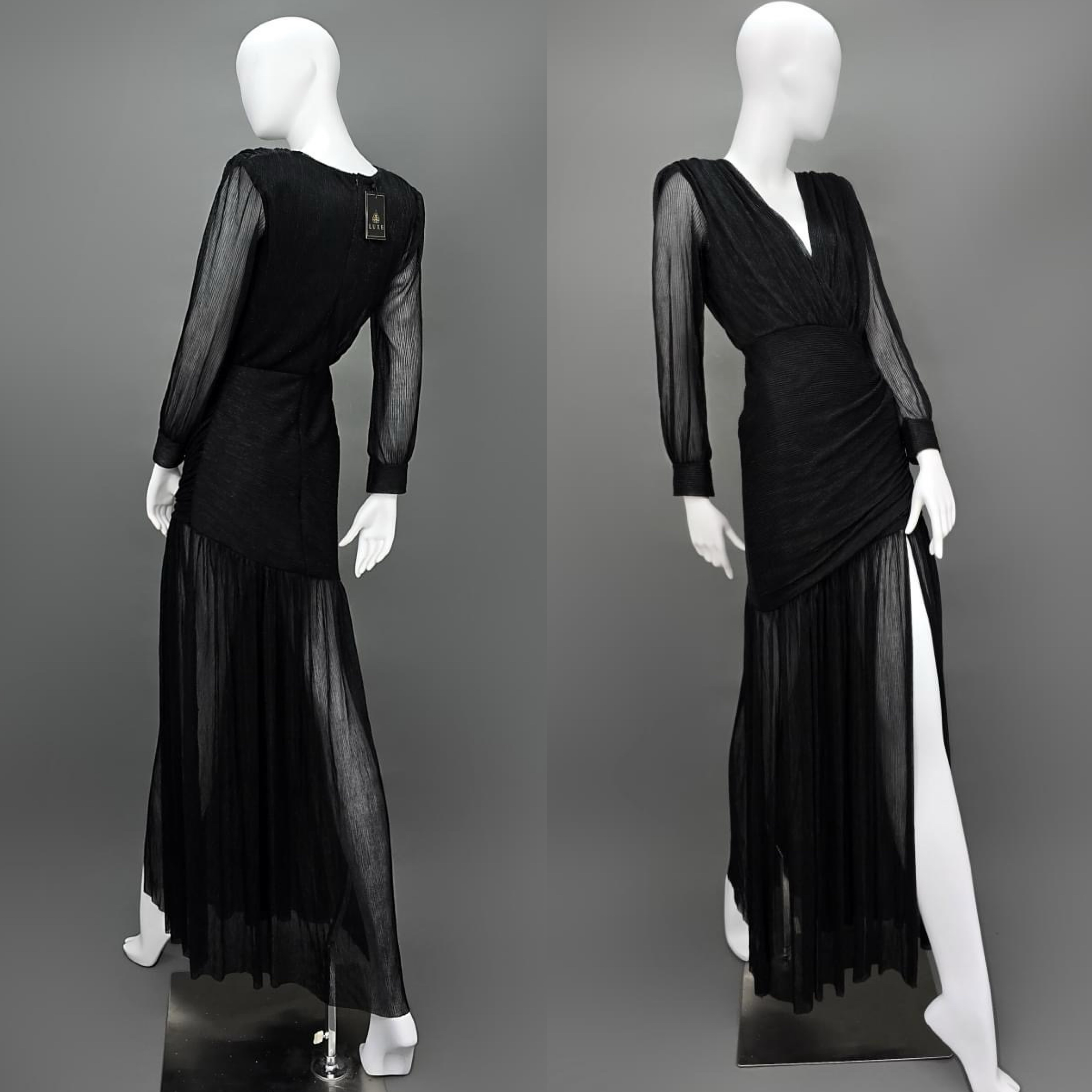 แม็กซี่เดรสเสื้อคอวีป้าย แขนยาวเสริมไหล่ กระโปรงจับเดรปย่นเข้ารูปตรงสะโพก ต่อชาย กระโปรงบาน ผ่าหน้าขา ใส่สบาย : สินค้าคุณภาพ (พร้อมส่ง)