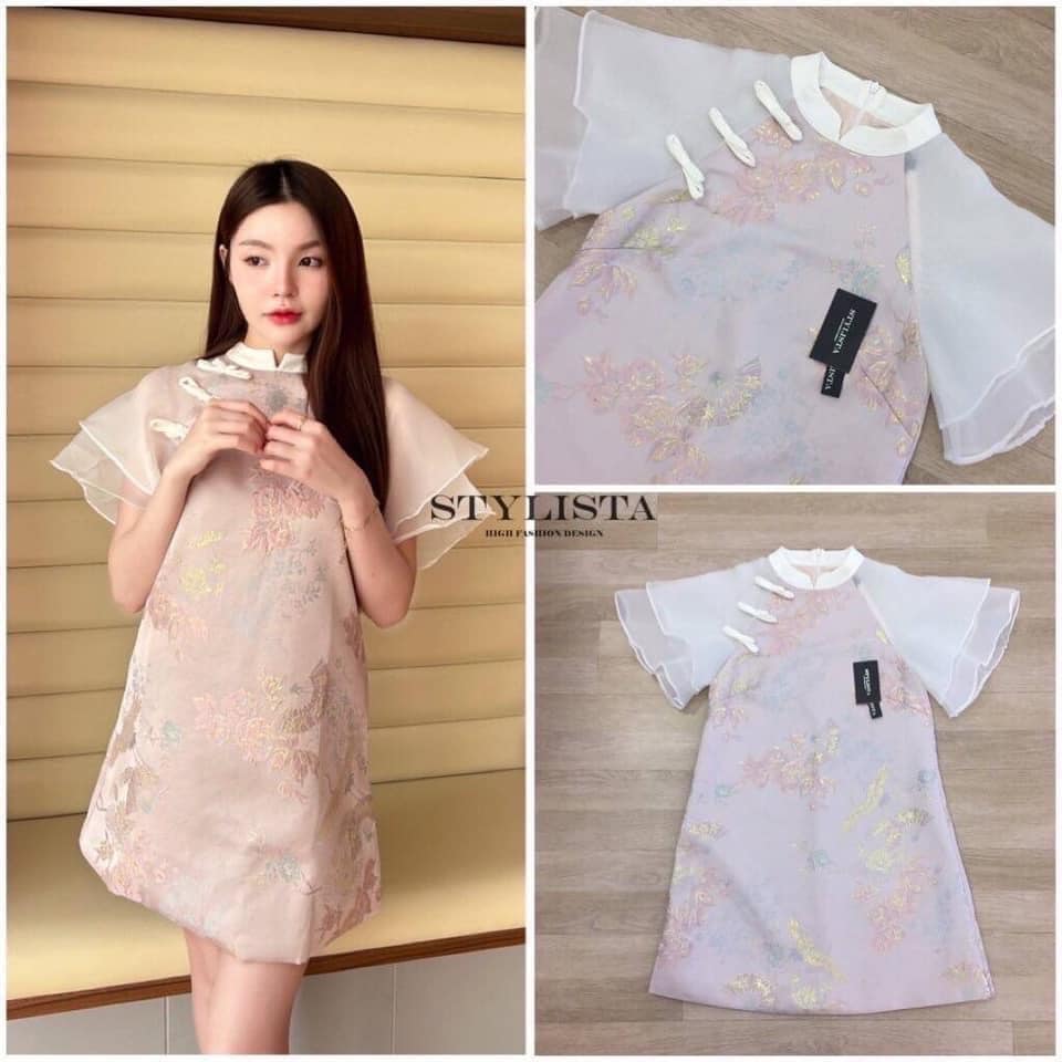 เซตเสื้อกี่เพ้า แขนริ้วระบาย คอจีน ผ้าลายดอกไม้ ใส่สวยน่ารักมากๆ ใส่สบาย : สินค้าคุณภาพ (พร้อมส่ง)