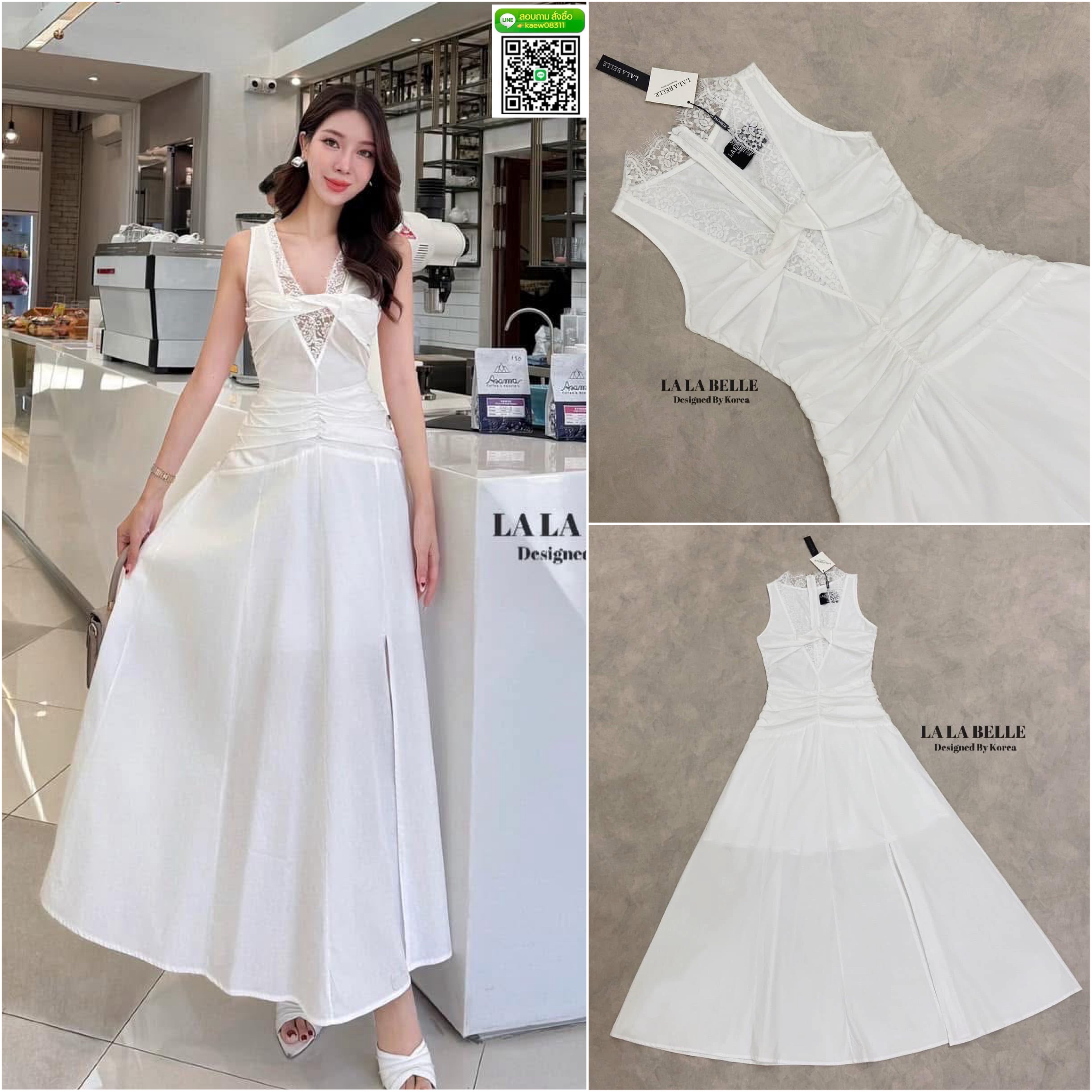 แม็กซี่เดรสสีขาวผ้าเสื้อเชิ้ตแต่ไม่บางมีซับในให้ทรงคอวีแขนกุดแต่งขอบอกลูกไม้แต่งโบว์ด้านหน้าเอวเข้ารูปจับจีบกระโปรงทรงเอยาวผ่าข้างด้านหลังแต่งลูกไม้สวยมาก ใส่สบาย : สินค้าคุณภาพ (พร้อมส่ง)