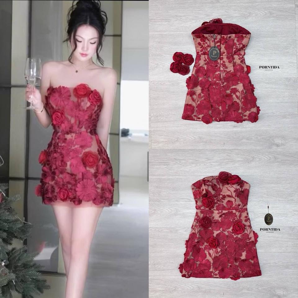 ชุดเดรสสีแดง เกาะอกดอกไม้สามดีเป็นงาน detail ลูกไม้ซับในสีครีมเป็นงานซิปหลังและมีดอกกุหลาบเข็มกลัดติดตามชุดเดรสสามารถถอดแยกชิ้นได้ ใส่สบาย : สินค้าคุณภาพ (พร้อมส่ง)