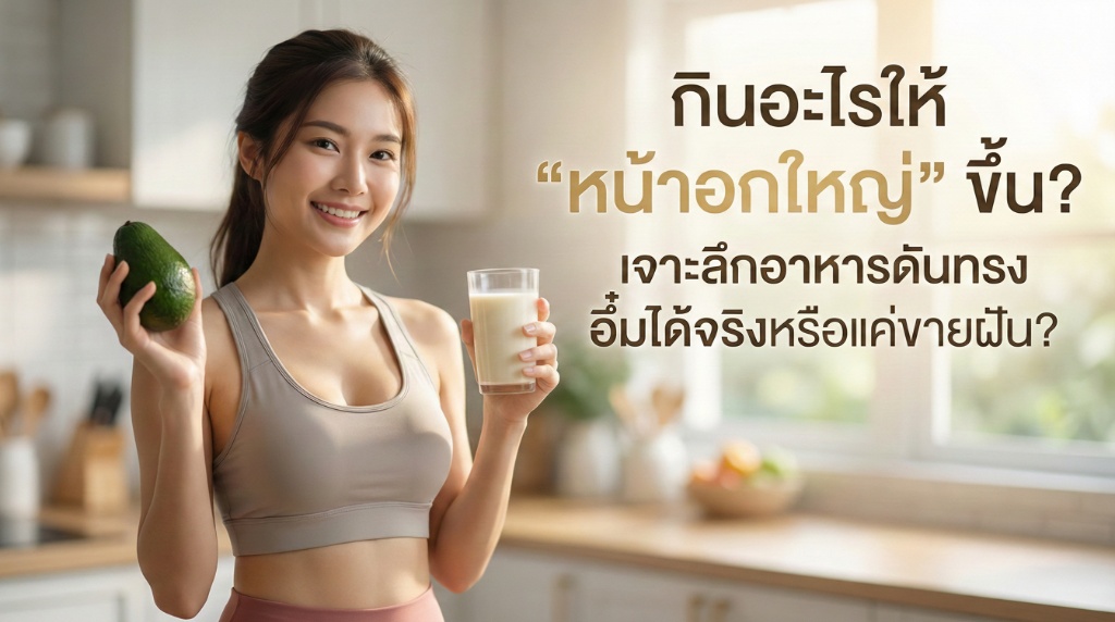 หญิงสาวถืออะโวคาโดและน้ำเต้าหู้ อาหารเพิ่มขนาดหน้าอก