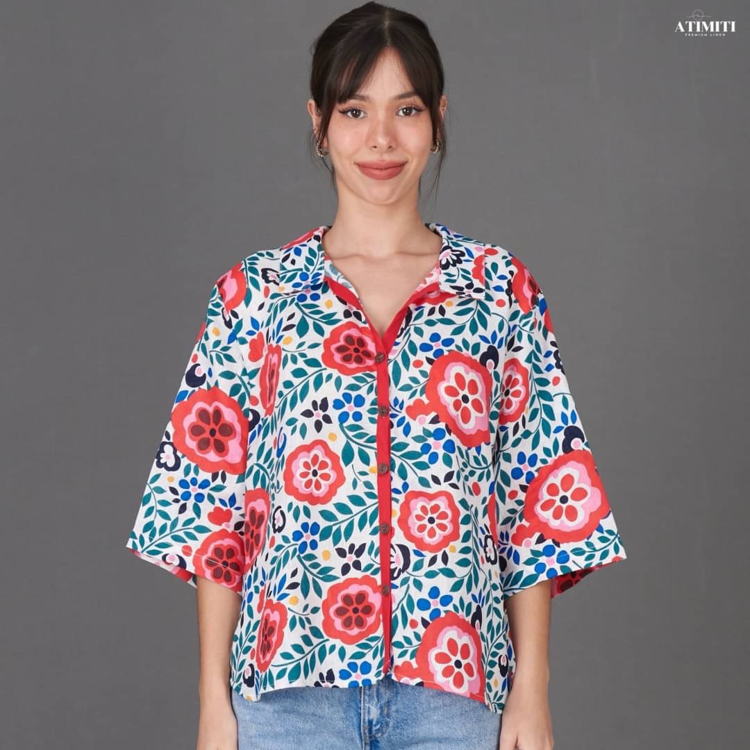 เสื้อเชิ้ตแขนสามส่วน ลินินแท้ 100% ลายดอกไม้สุดสดใส ใส่สบาย : สินค้าคุณภาพ (พร้อมส่ง)