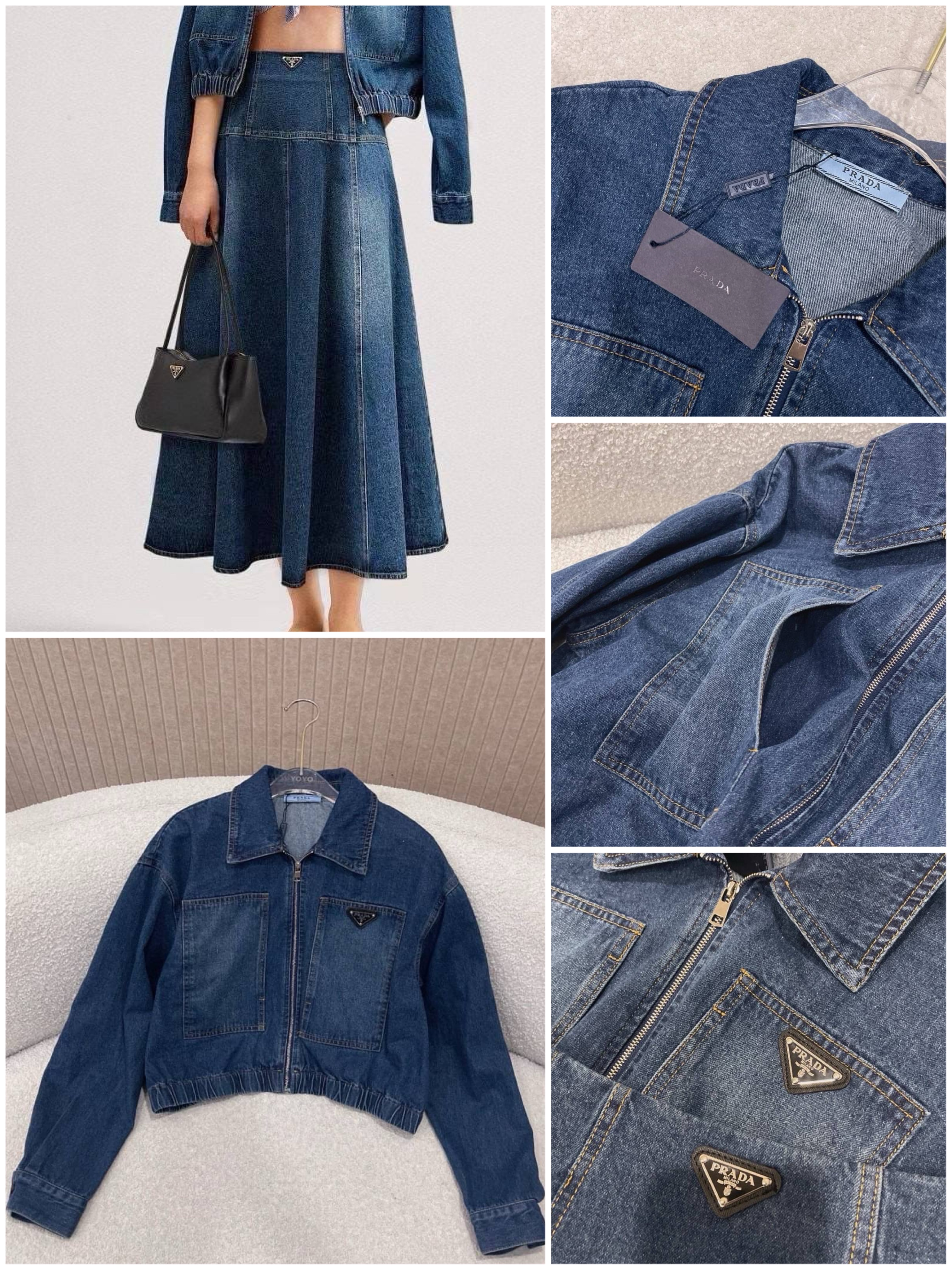 Set Jacket ยีนส์แขนยาวเอวจั๊มแต่งโลโก้แบรนด์ + กระโปรงยีนยาว PRADA : สินค้าคุณภาพ (พร้อมส่ง)