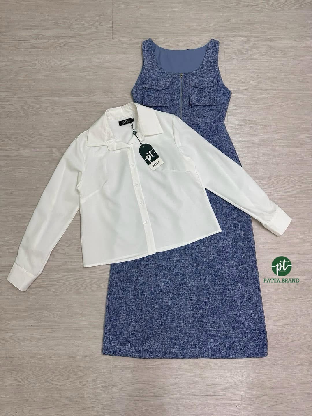 Set 2 ชิ้น เสื้อเชิ๊ตสีขาวทรงOversize มีกระดุมหน้า ผ้าพริ้ว มาคู่กับเดรสฟ้าครามแขนกุดคอลึกใส่ทับด้านนอก ตัวเดรสแต่งซิปรูดช่วงอกและกระเป๋าทั้งสองข้าง ใส่สบาย : สินค้าคุณภาพ (พร้อมส่ง)