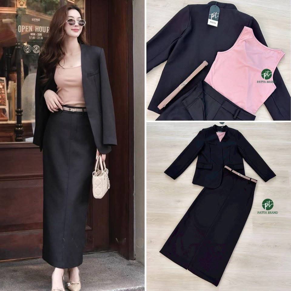 Set 3ชิ้น สุดคุ้ม เสื้อคลุมเบเซอร์แขนยาว สีดำ กระเป๋าหน้าใช้งานได้จริง มาพร้อมเสื้อกล้ามสีชมพูโอรส คอกลมตัวใน เนื้อผ้ายืดหยุ่นได้ตามตัว แมทซ์กับกระโปรงยาวทรงสอบสีดำ ดีเทลแต่งผ่าหลังยาว (ซิปหลัง) ใส่คู่กับเข้มขัดสีน้ำตาลเส้นเล็ก ใส่สบาย : สินค้าคุณภาพ (พร้