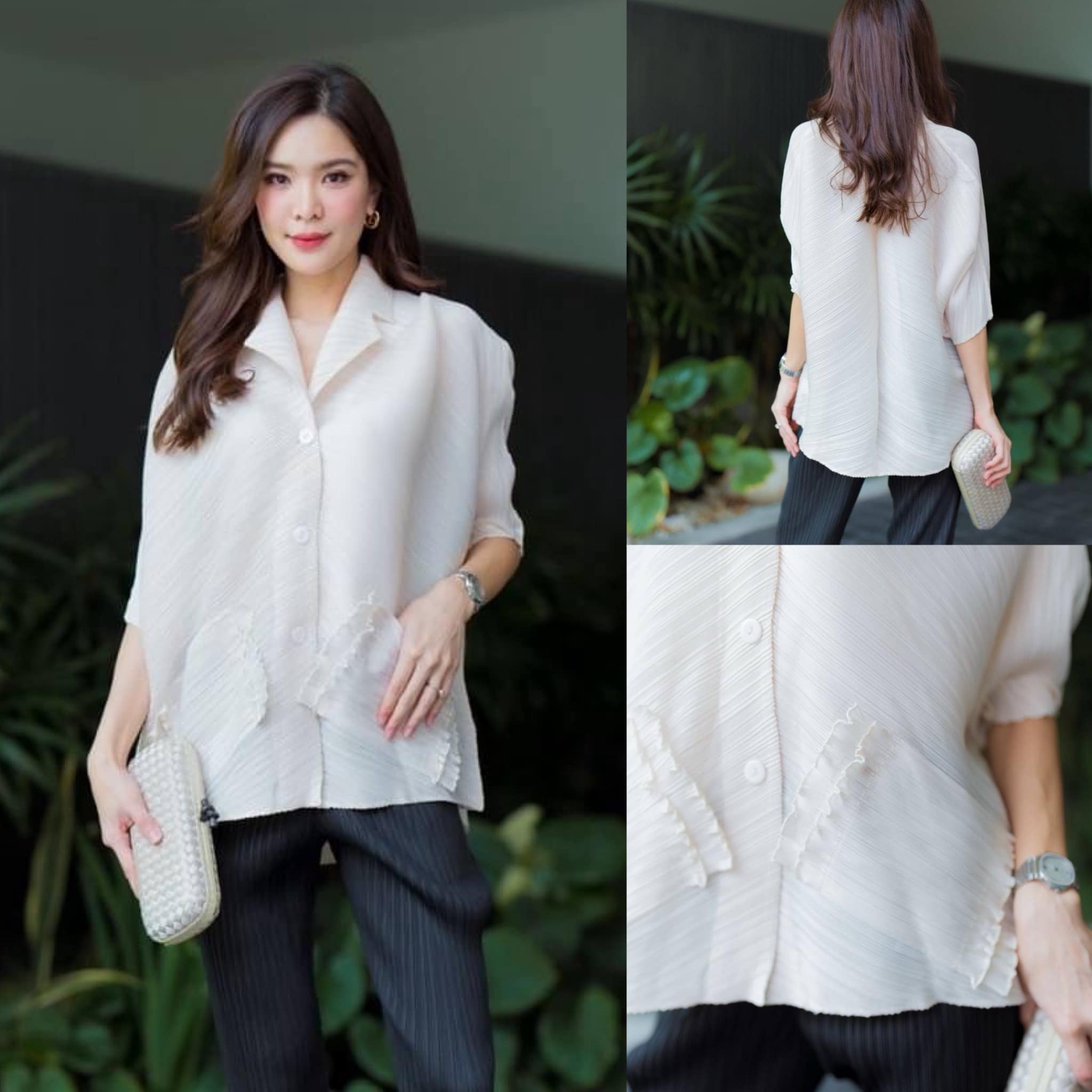 เสื้ออัดพลีท คอปกสูท ปีกนก แขน 3 ส่วน แต่งกระดุมเรียงยาว ✨✨ ใส่สบาย : สินค้าคุณภาพ (พร้อมส่ง)