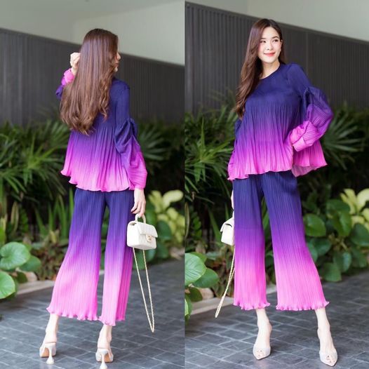 ชุดเซตผ้าอัดพลีทเนื้อดี แบบงาน Brand 😍 ว้าวววว 👏🏻👏🏻 ดีเทลเก๋มากๆ เสื้อแขนกระดิ่ง จับจีบ เย็บย่นเพิ่มความหรูหรา โอกูตูร์ สินค้าคุณภาพ (พร้อมส่ง)