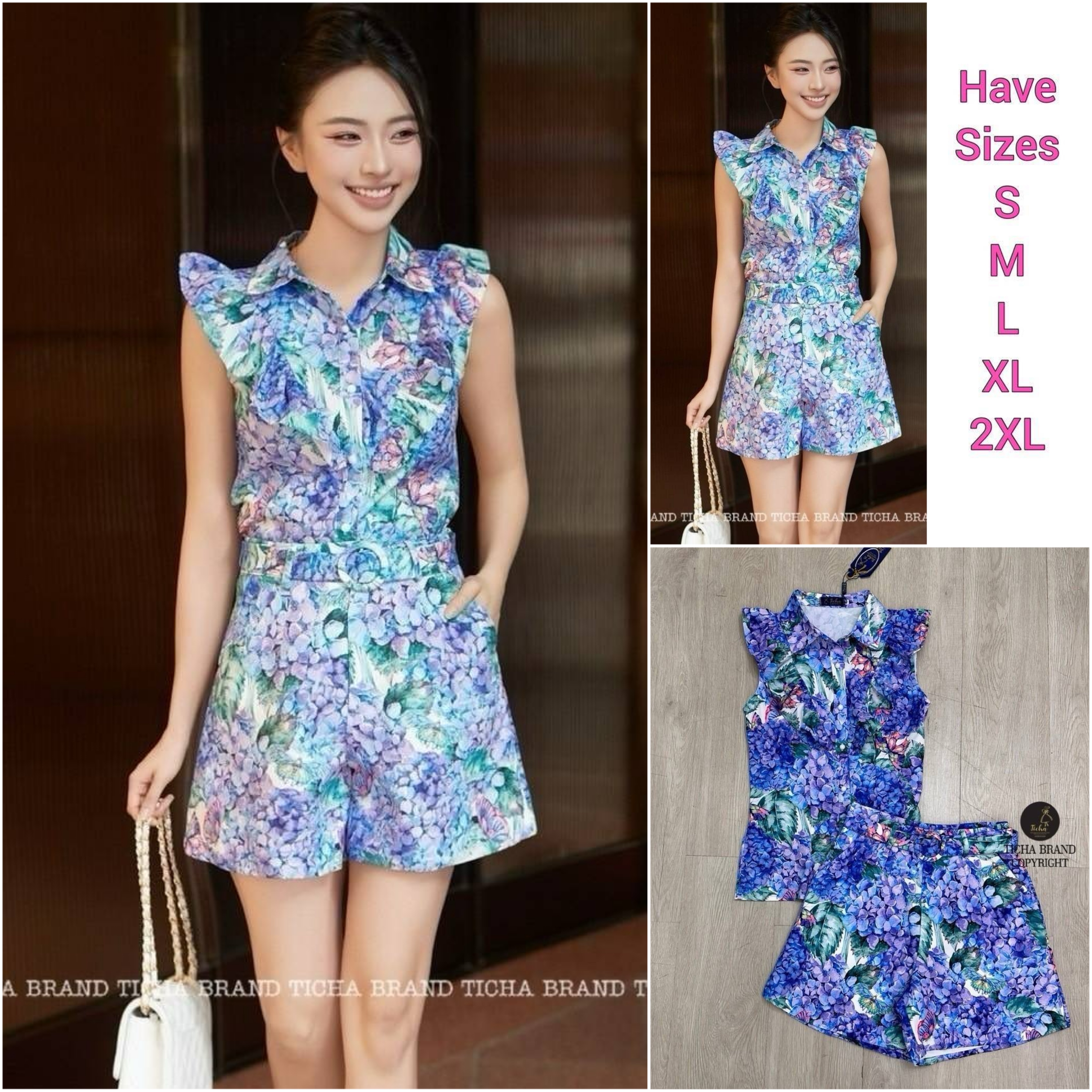 Set 2 ชิ้นพิมพ์ลายโบฮีเมี่ยนสีดำ เสื้อแขนกุดแต่งระบายไหล่ ด้านหน้าแต่งกระดุม ใช้งานได้จริง ผ้าพริ้วใส่สบายใส่แม๊ททับใส่สวยเก๋ +กางเกงขาสั้น : สินค้าคุณภาพ (พร้อมส่ง)