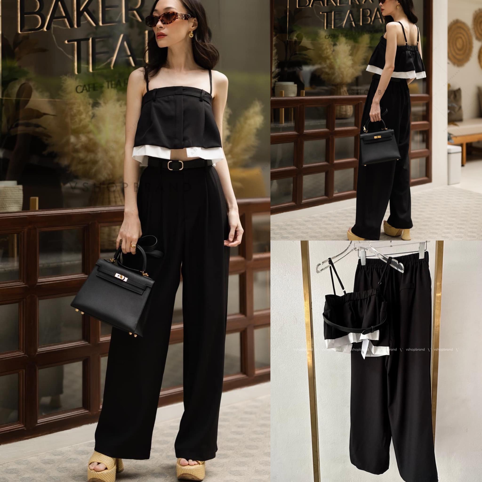 Set เสื้อครอปสายเดี่ยว ต่อขอบ + กางเกงขายาว สินค้าคุณภาพ (พร้อมส่ง)