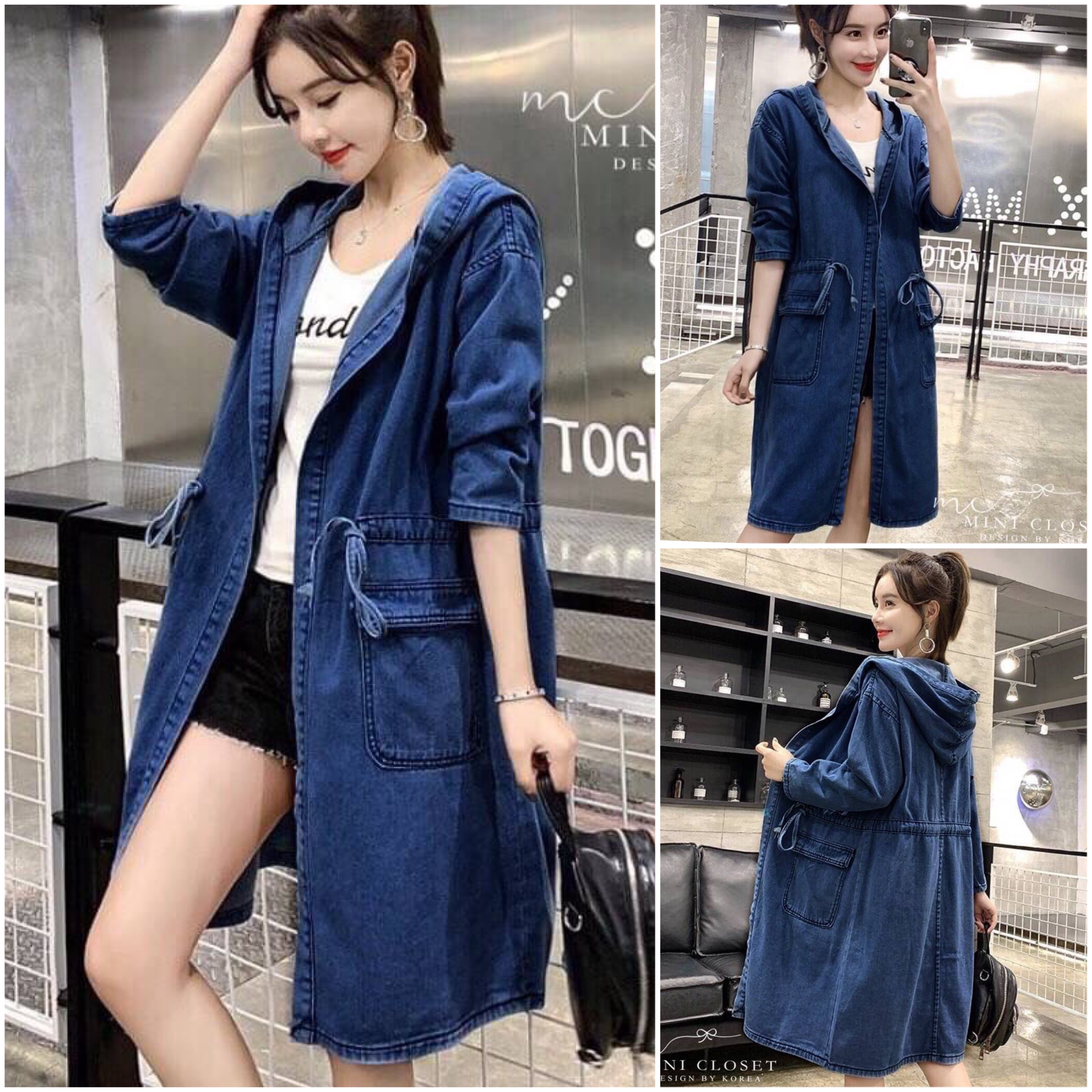 เสื้อคลุมยีนส์ตัวยาว ผ้ายีนส์แท้ มีฮู้ด กระเป๋าข้าง รูดเอวได้.. ใส่สบาย : สินค้าคุณภาพ (พร้อมส่ง)