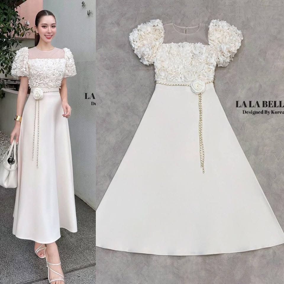 เดรสเจ้าหญิงช่วงตัวเสื้อเป็นผ้าดอกกุหลาบนิ่มๆแขนตุ๊กตาแต่งซีทูใส่แล้วไม่ตันเอวเข้ารูปกระโปรงทรงเจ้าหญิงตัดขอบเอว+ เข็มขัดโซ่ดอกไม้ ชุดนี้ผ้าสูทอัดกาว ใส่สบาย : สินค้าคุณภาพ (พร้อมส่ง)