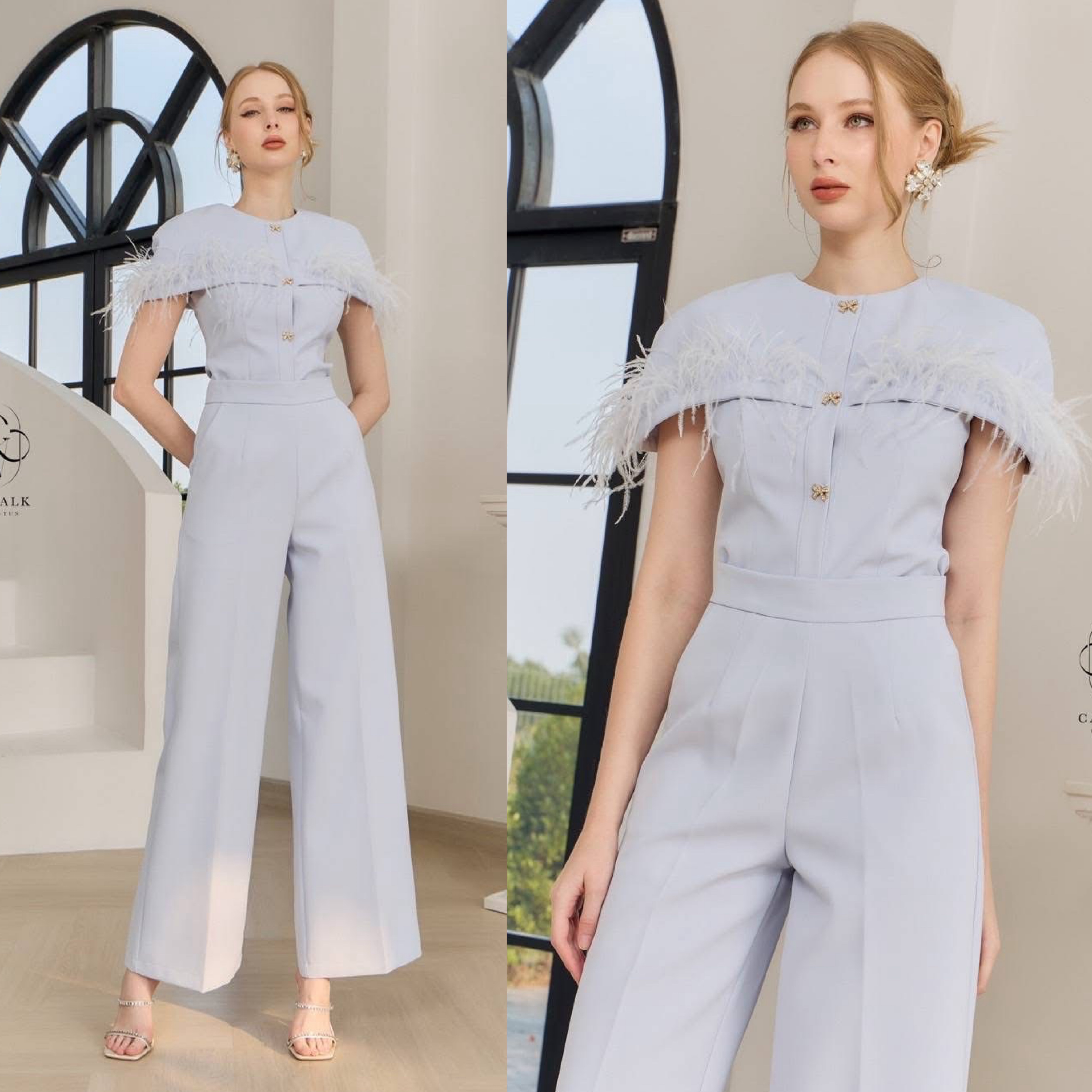 Set เสื้อคลุมไหล่แต่งขอบขนนก+กางเกงขายาวทรงสวย เนื้อผ้าเกรดเอ ใส่สบาย : สินค้าคุณภาพ (พร้อมส่ง)