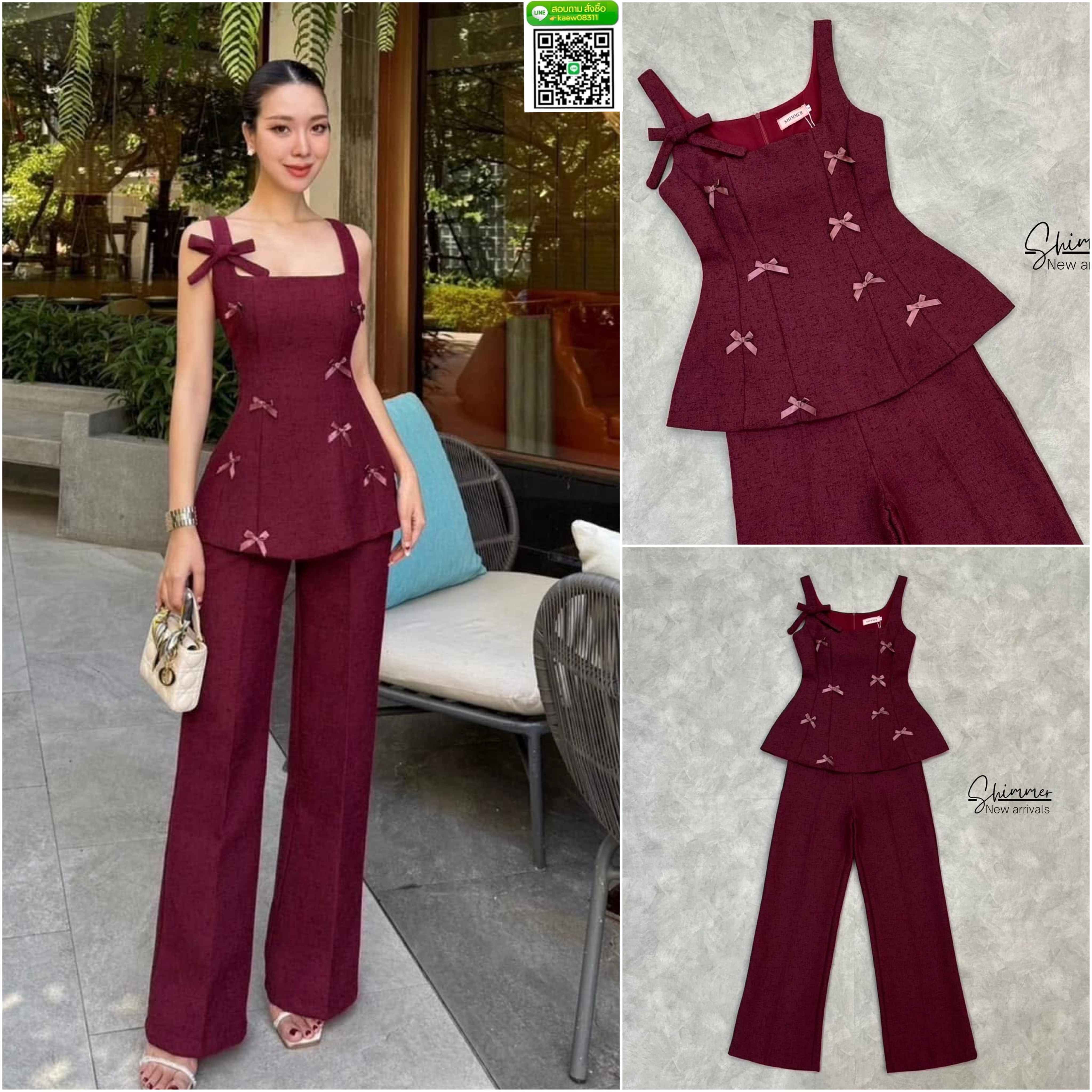 เซตเสื้อแต่งโบว์และกางเกงขายาว ทรงสวยเนื้อผ้าทวีด ในโทนสีสุดคลาสสิค ใส่สบาย : สินค้าคุณภาพ (พร้อมส่ง)