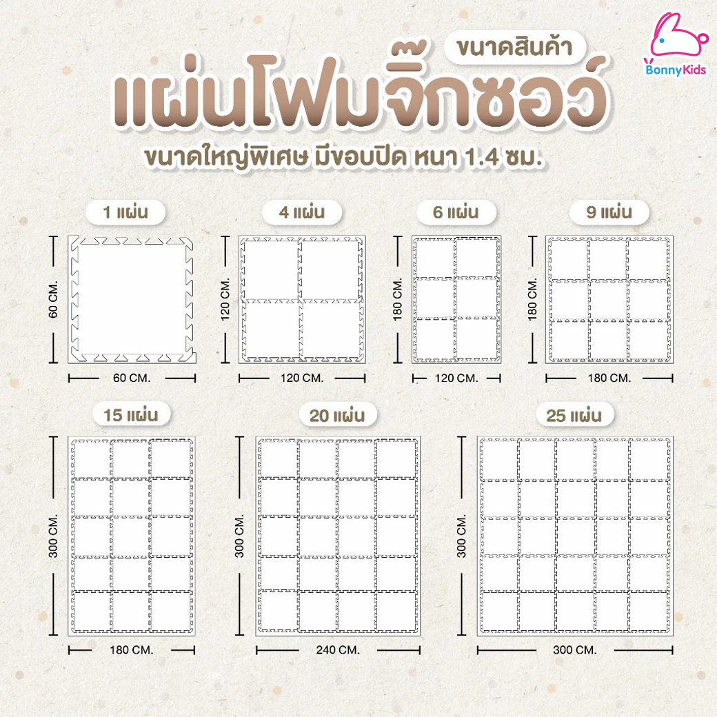 Mamamo (มามาโมะ) แผ่นรองคลานจิ๊กซอว์ แผ่นรองคลานเกรดพรีเมี่ยม หนาพิเศษ 1.4 cm. (แพ็คละ 6 แผ่น)