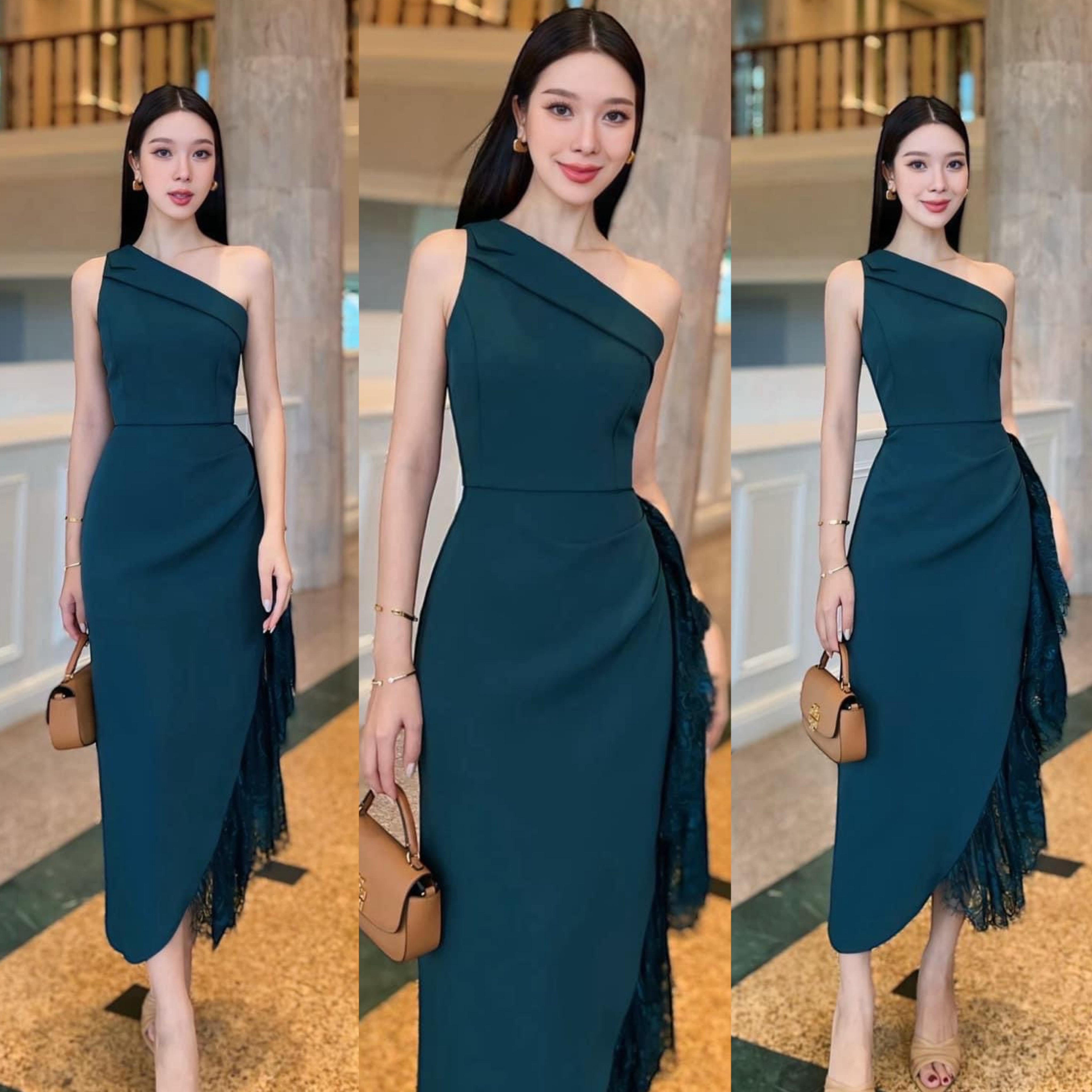 เดรสดีไซน์ไหล่เฉียง ช ตัวเดรส ใช้เนื้อผ้าเกรดพรีเมี่ยมทั้งตัว ดีไซน์กระโปรงทรง สอบตกแต่งระบายด้วยผ้าลูกไม้ไล่ระดับด้านข้าง งานมีซับใน ซิปหลัง ใส่สบาย : สินค้าคุณภาพ (พร้อมส่ง)