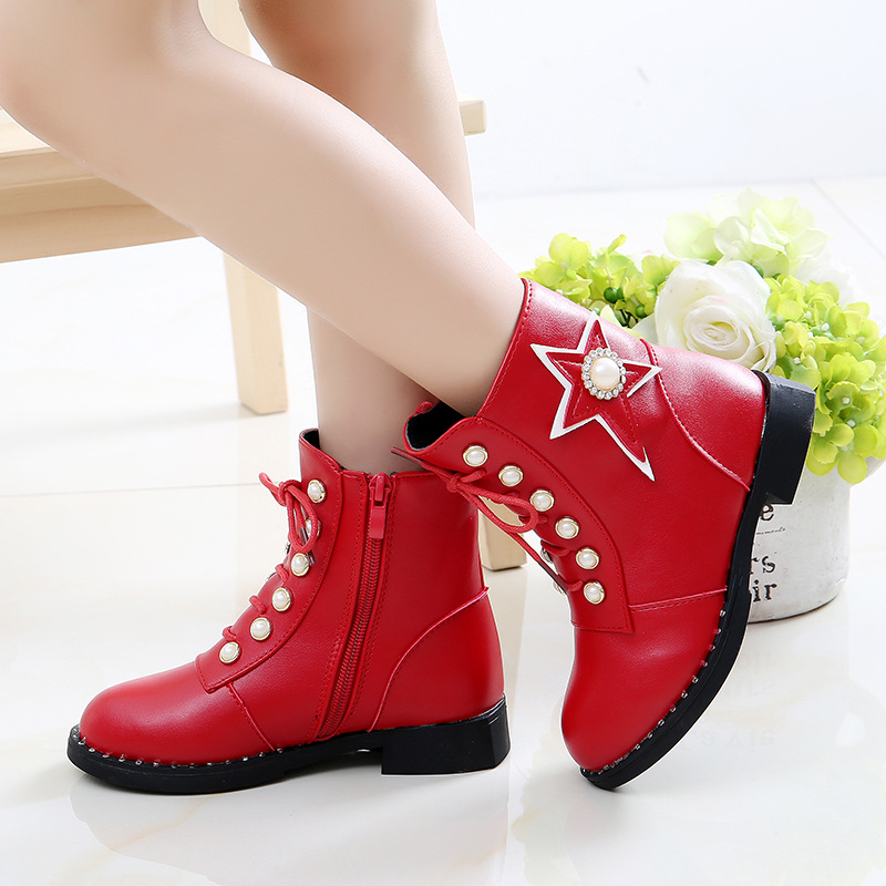 รองเท้าบู๊ทเด็ก สีแดง/สีดำ ลายดาวสวยเท่ มีซิปข้าง Size 27-38