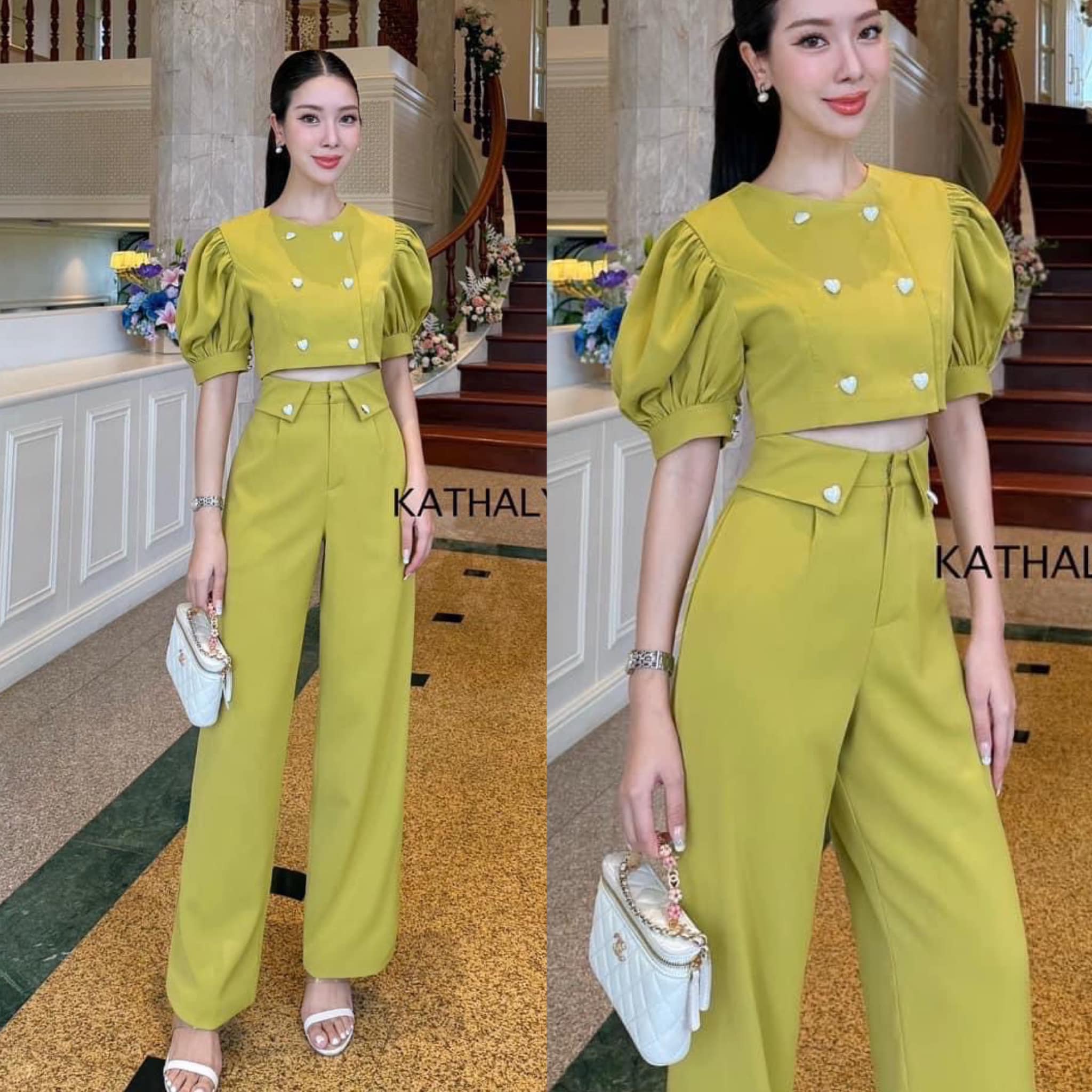 Set เสื้อครอปสั้น แขนทรงพองบอลลูน ทรงพอดีตัวใส่กำลังสวย สีสวยขับผิวผ้าดีมีน้ำหนัก แต่งกระดุมน่ารักสวยด้านหน้าเสื้อ มาคู่กับกางเกงเอวสูงทรงสวย ใส่สบาย : สินค้าคุณภาพ (พร้อมส่ง)