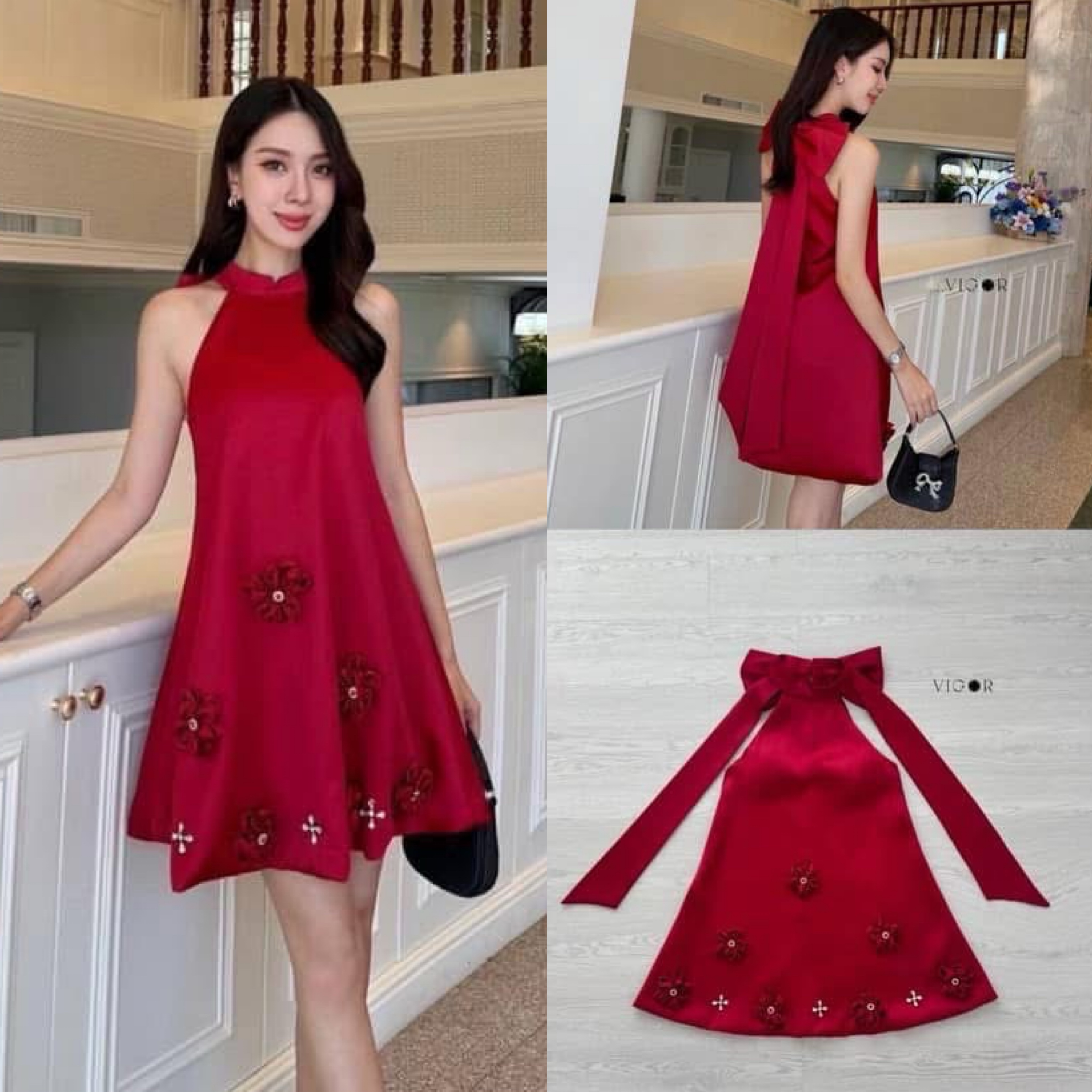 มินิเดรสผ้าซาติน ดีเทลดอกไม้เย็บติด ที่มีการแซมเพชรสวยเกร๋ ใส่สบาย : สินค้าคุณภาพ (พร้อมส่ง)