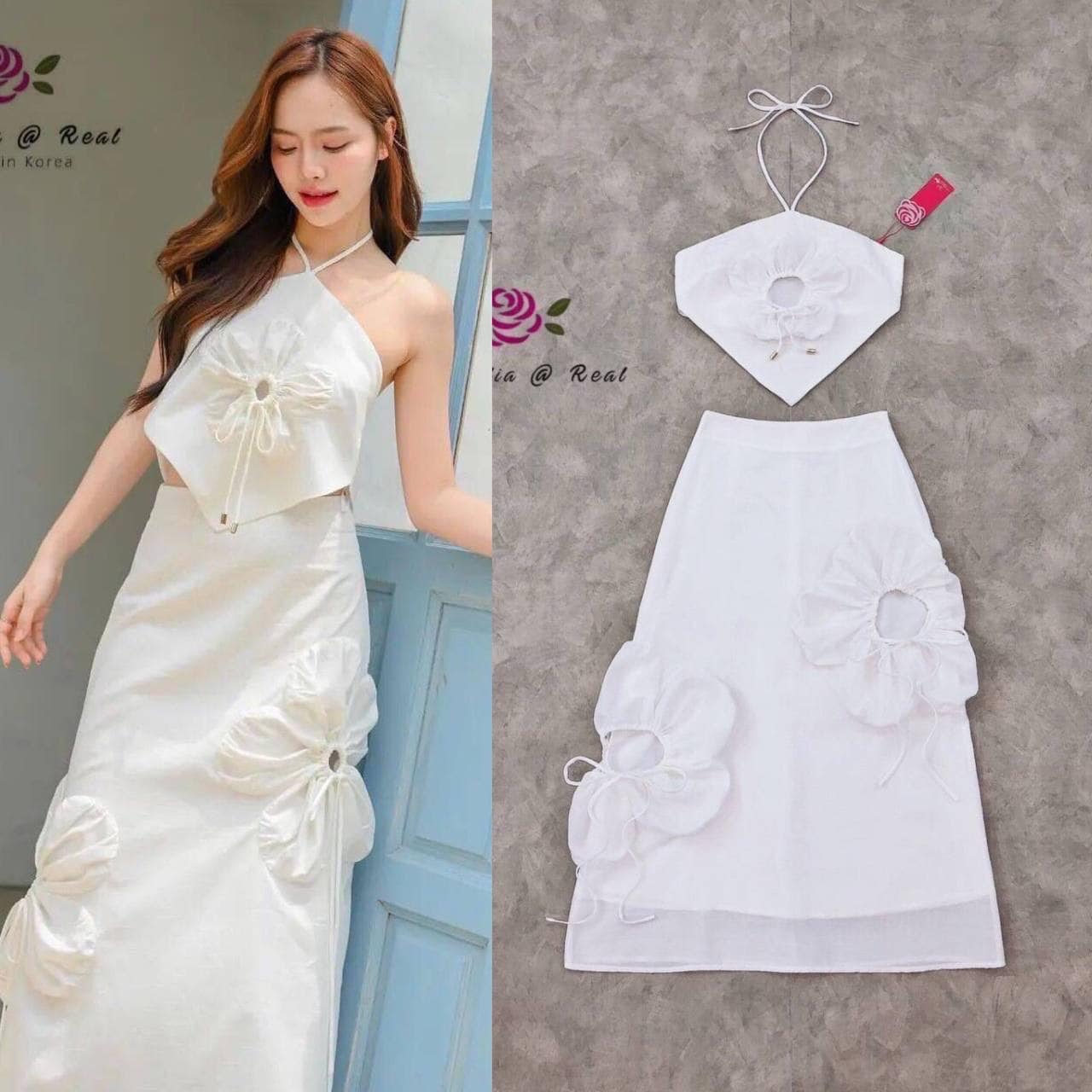 Set :: เสื้อคล้องคอตัวสวย ช่วงอกแต่งดอกไม้อันใหญ่พร้อมกับเชือกผูกโบเก๋ มาเข้าชุดกับกระโปรงทรงสวยแต่งดอกไม้อันใหญ่ ใส่สบาย : สินค้าคุณภาพ (พร้อมส่ง)