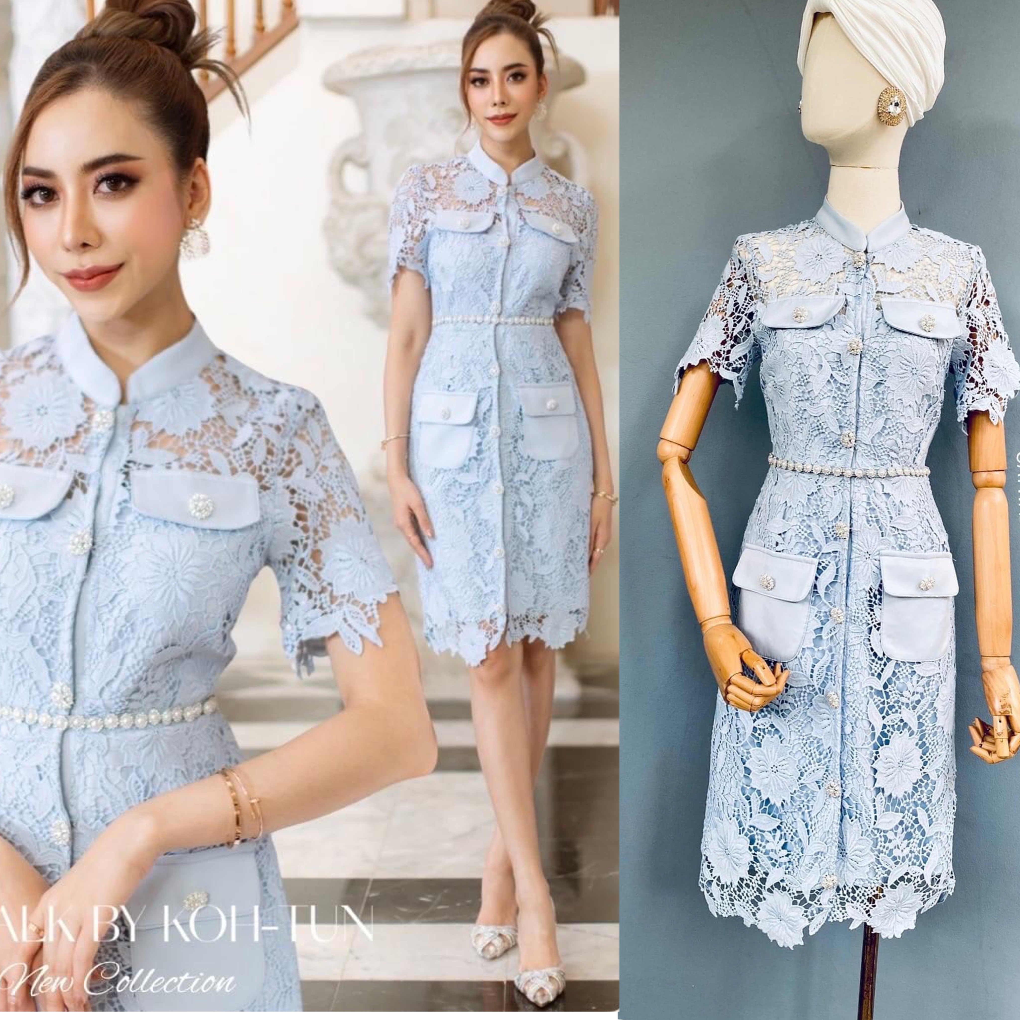 เดรสผ้าลูกไม้คอปีนแต่งกระดุมมุก เนื้อผ้าลูกไม้เกรดเอ เนื้อหนานุ่ม ตัวเดรสเป็นทรงเข้ารูปสวย แขนสั้น ด้านในมีซับในสีโทนตัวชุดทั้งตัว มาคู่กับสายคาดเอวแต่งด้วยมุกล้อมเพชร สินค้าคุณภาพ (พร้อมส่ง)