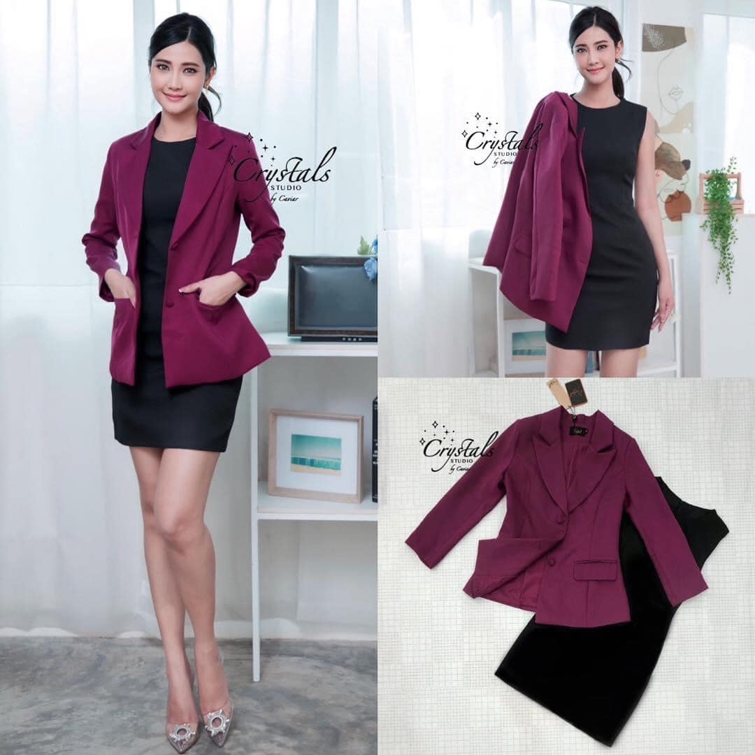 Set2ชิ้น เสื้อสูท แขนยาวสีพื้น ติดกระดุมหน้า2เม็ด มีกระเป๋า ล้วงจริงซ้าย-ขวา แมทช์คู่กับเดรสสั้น แขนกุด สินค้าคุณภาพ (พร้อมส่ง)