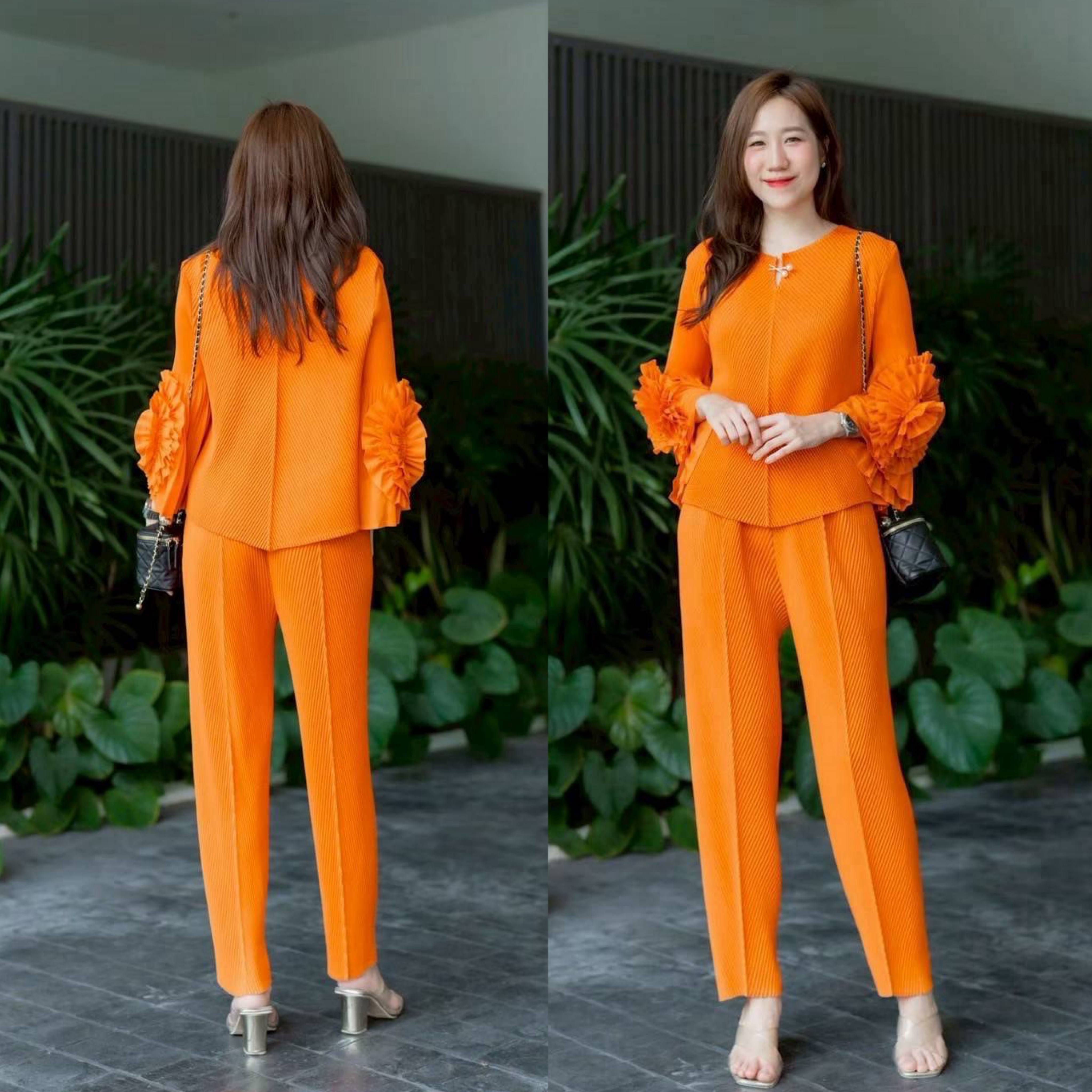 ชุดเซตผ้าอัดพลีท Premium เสื้อแขนยาวคอวาย แต่งเข็มกลัดให้เกร๋ๆ+ กางเกงเอวยางสมอค ทรงกระบอก จับจีบด้านหน้ามีกระเป๋ากางเกง ใส่สบาย : สินค้าคุณภาพ (พร้อมส่ง)