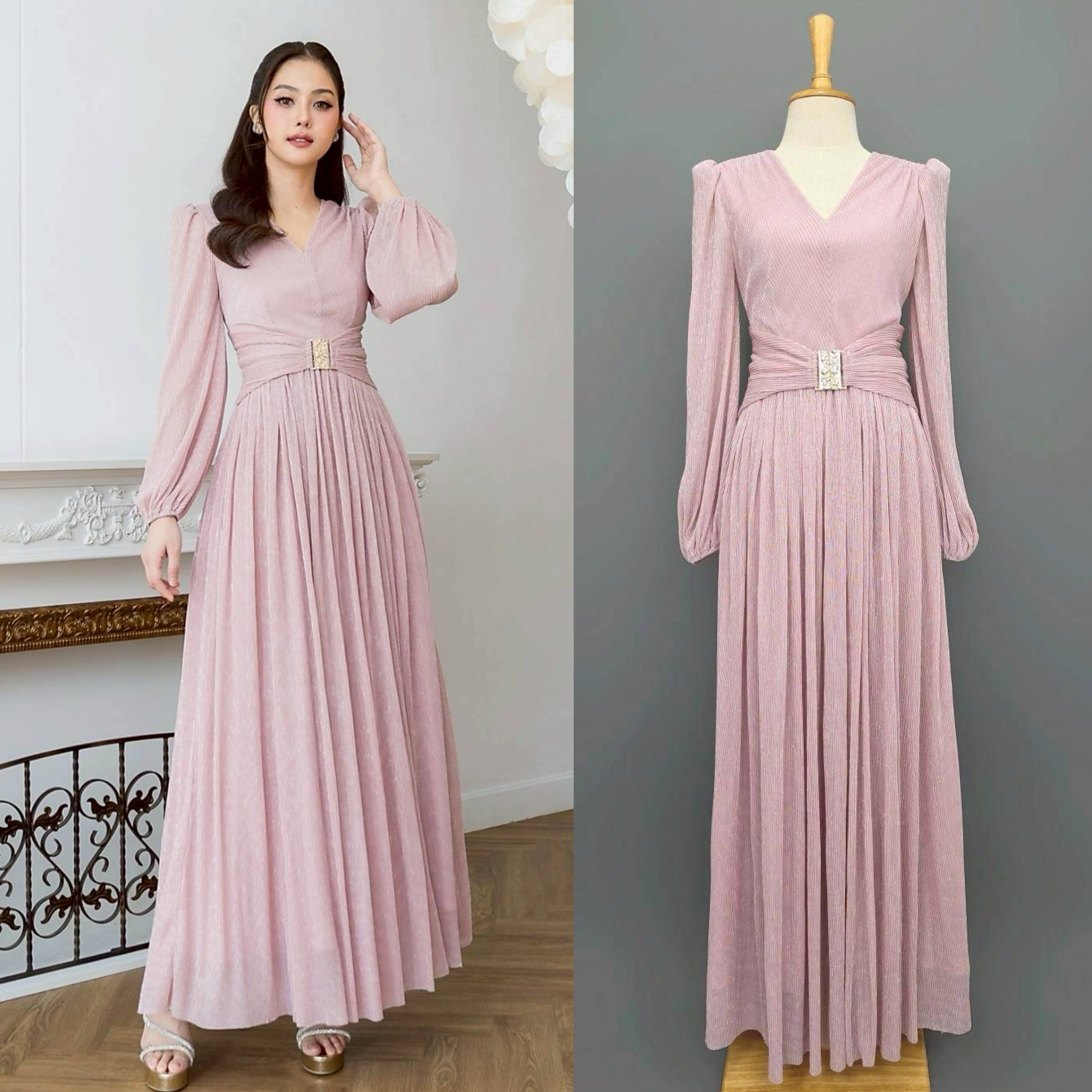 แม็กซี่เดรสเสื้อคอวีแขนยาว กระโปรงจีบรูดรอบตัว ☑️ดีเทลมีผ้าคาดเอว แต่งด้วยหัวเข็มขัดเพชรสีทอง ใส่สบาย : สินค้าคุณภาพ (พร้อมส่ง)