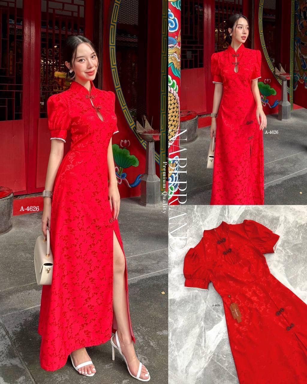 เดรสกี่เพ้าแขนสั้นปลายแขนแต่งมุก ช่วงอกด้านหน้าแต่งกระดุมจีน เปิดปิดได้นะคะ ตัวเดรสเป็นทรงกระโปรงบาน ผ่าด้านหน้าเซ็กซี่ ใส่สบาย : สินค้าคุณภาพ (พร้อมส่ง)