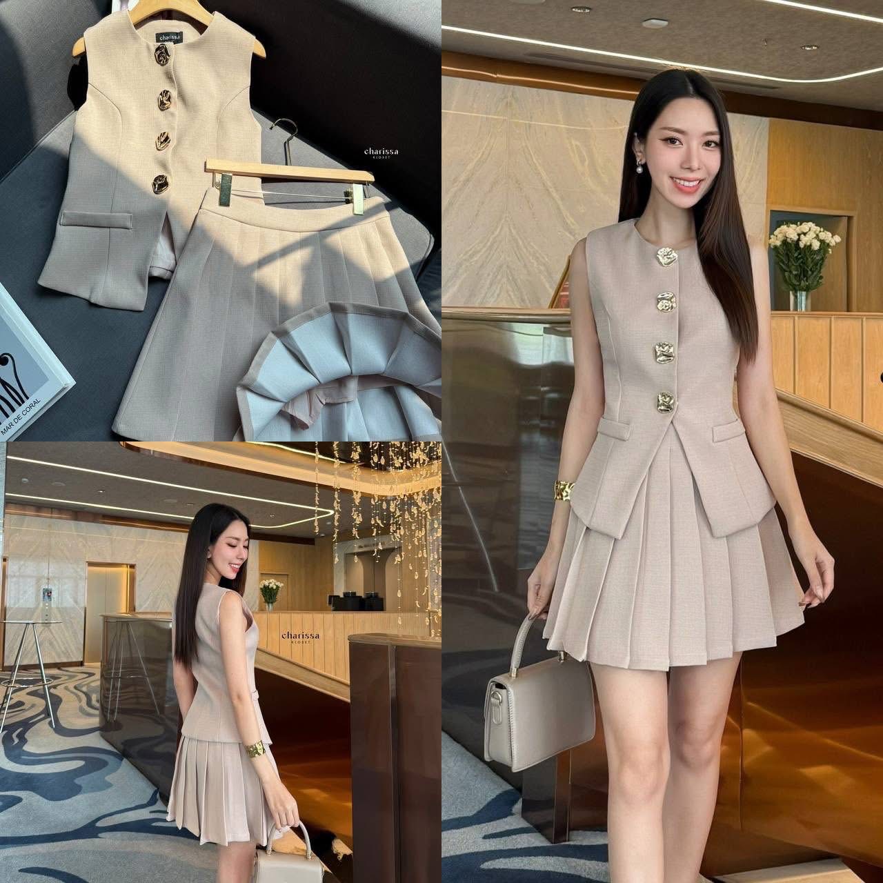 เซ็ทกระโปรงพลีทสั้นมาพร้อมกับเสื้อแขนกุดแต่งกระดุมทองเม็ดใหญ่หรูมาก ใส่สบาย : สินค้าคุณภาพ (พร้อมส่ง)