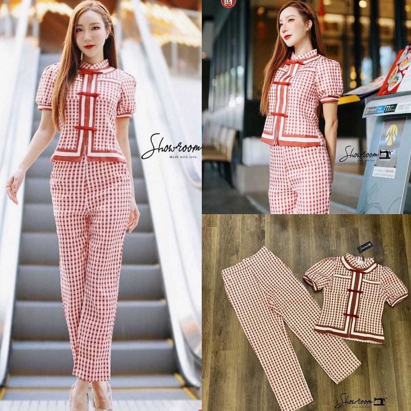 เซ็ตตรุษจีนลายตารางมาในโทนสีแดง ตัวเสื้อแขนสั้นทรง babie คอจีน มาพร้อม กางเกงขายาว ทรงสวย เข้าเซ็ต : สินค้าคุณภาพ (พร้อมส่ง)